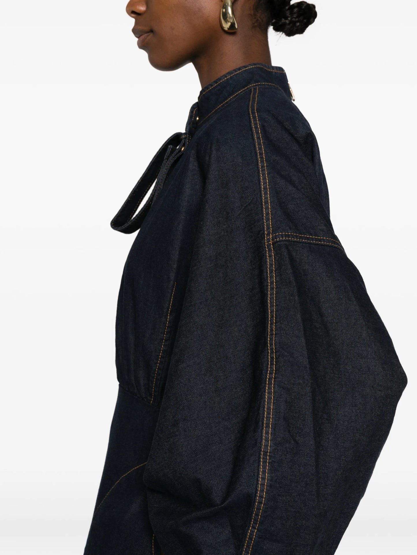 bishop-sleeve denim mini dress