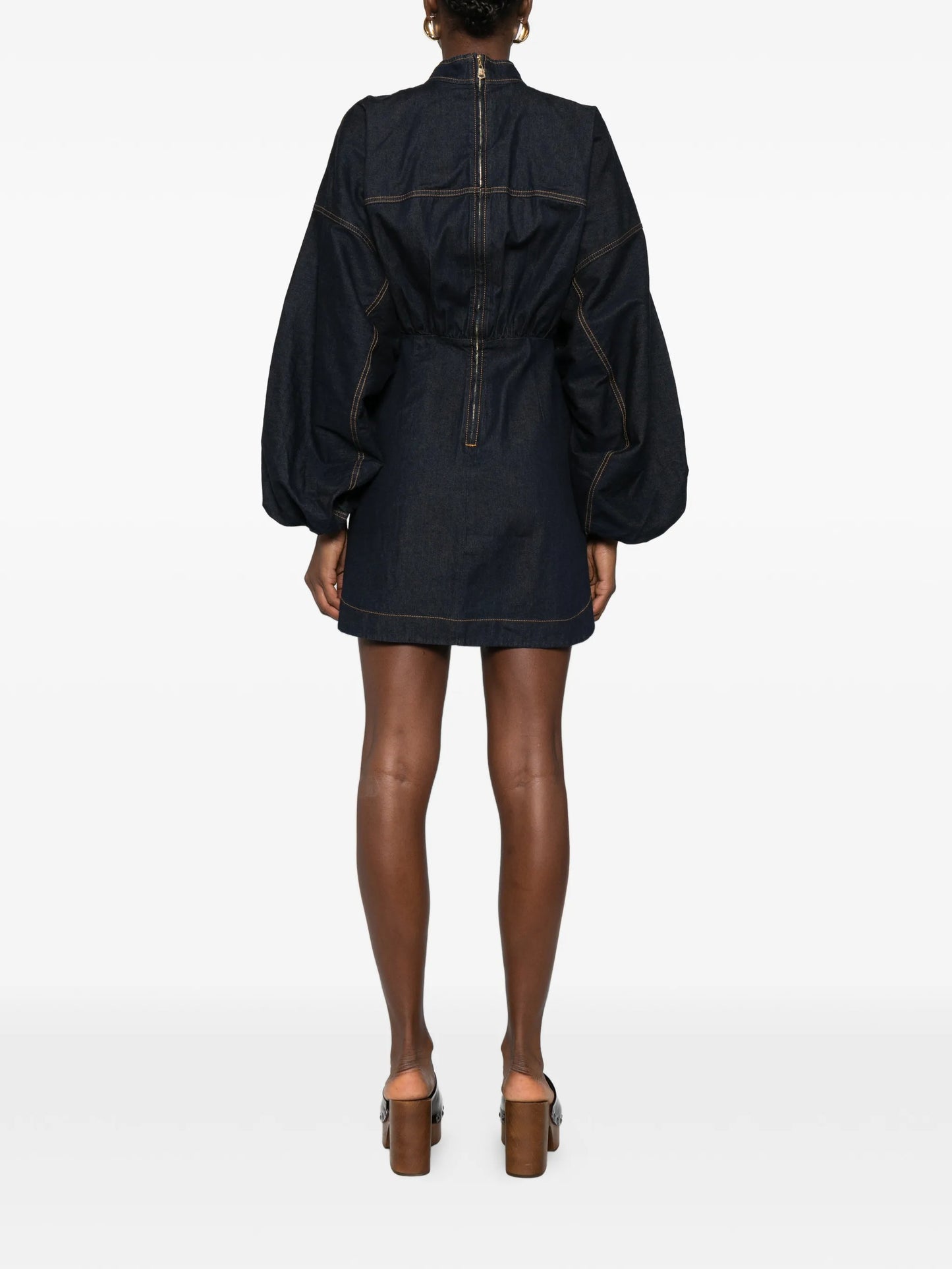 bishop-sleeve denim mini dress