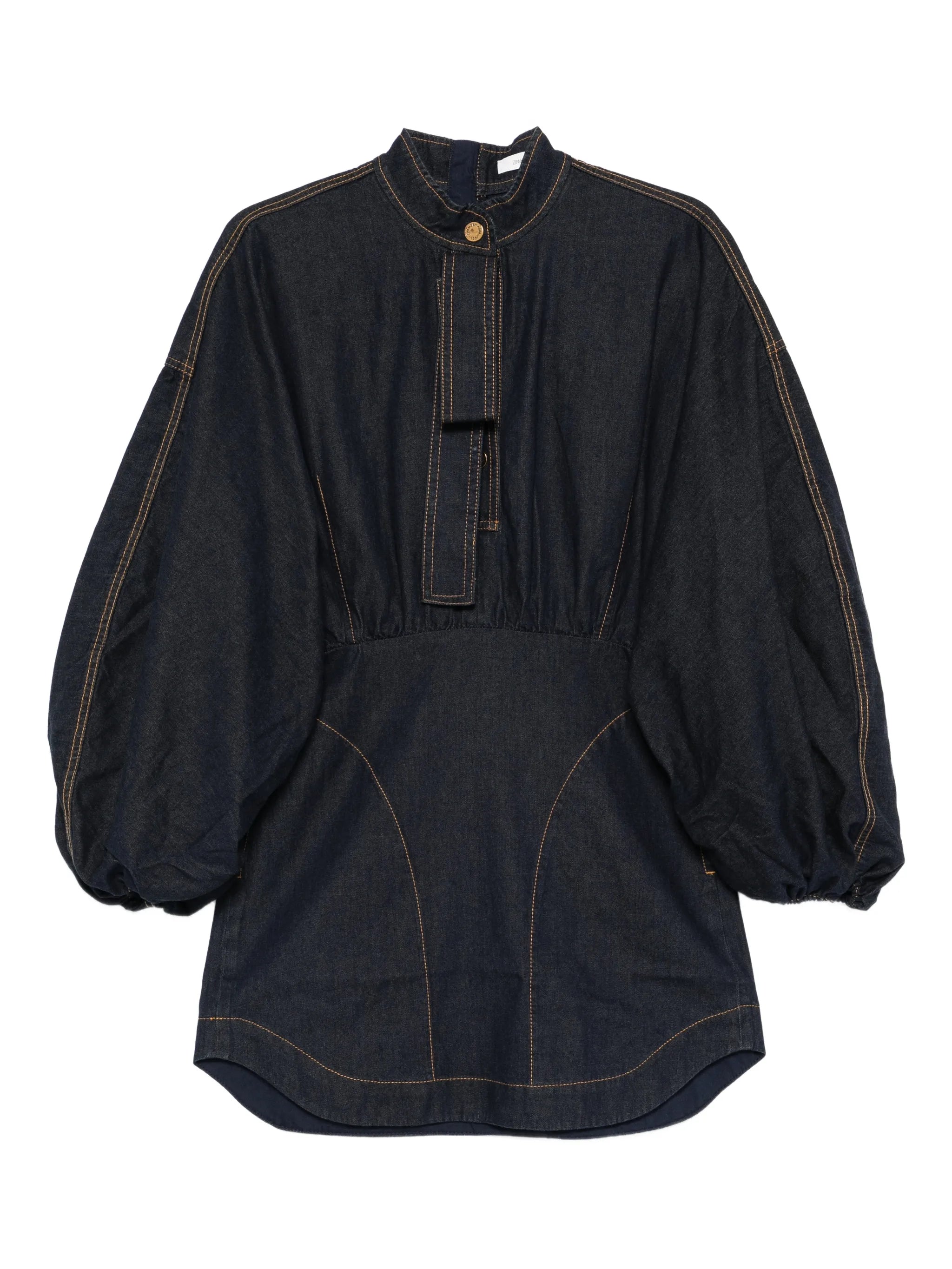 bishop-sleeve denim mini dress