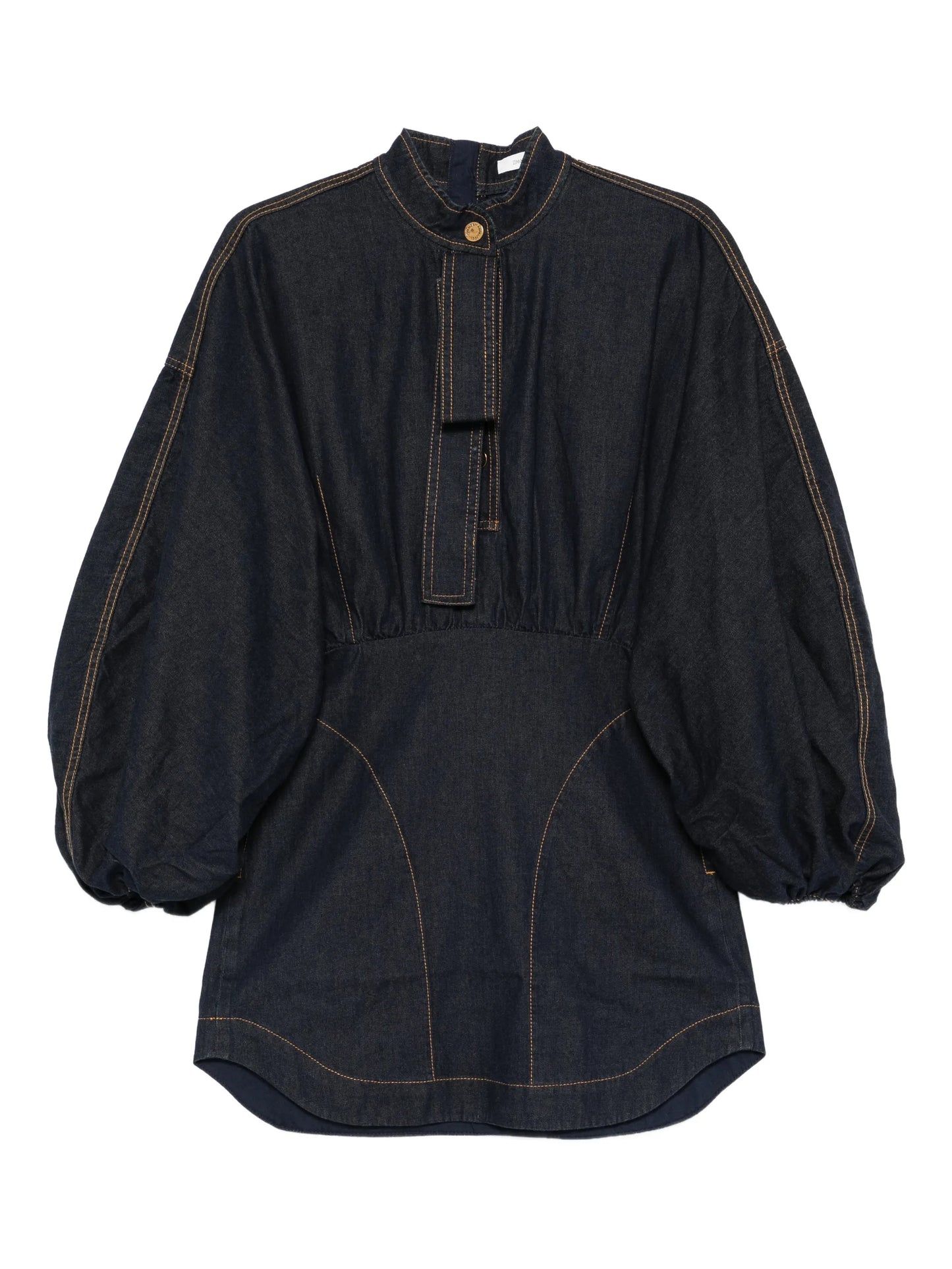 bishop-sleeve denim mini dress