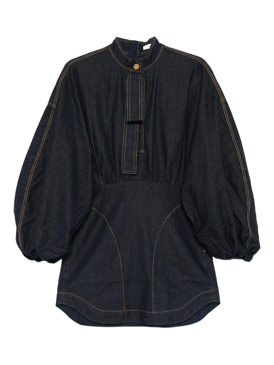 bishop-sleeve denim mini dress