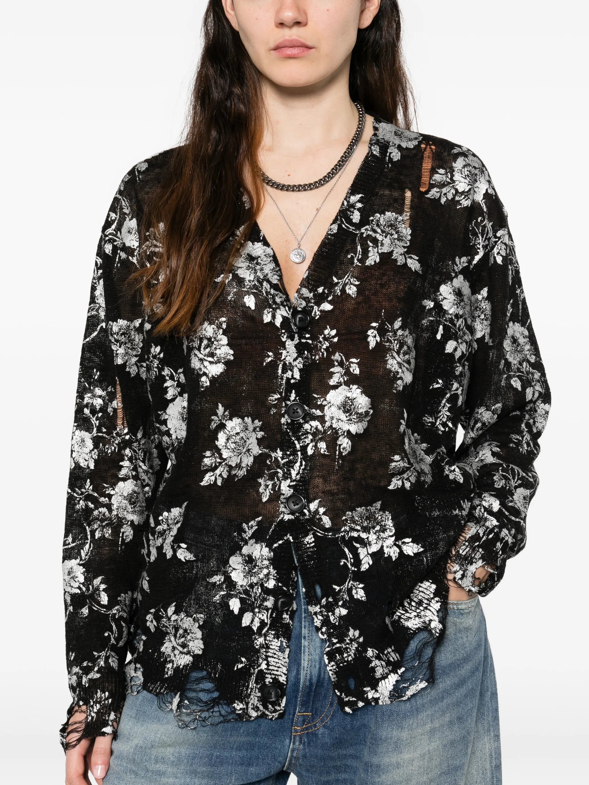 floral print frayed cardigan
