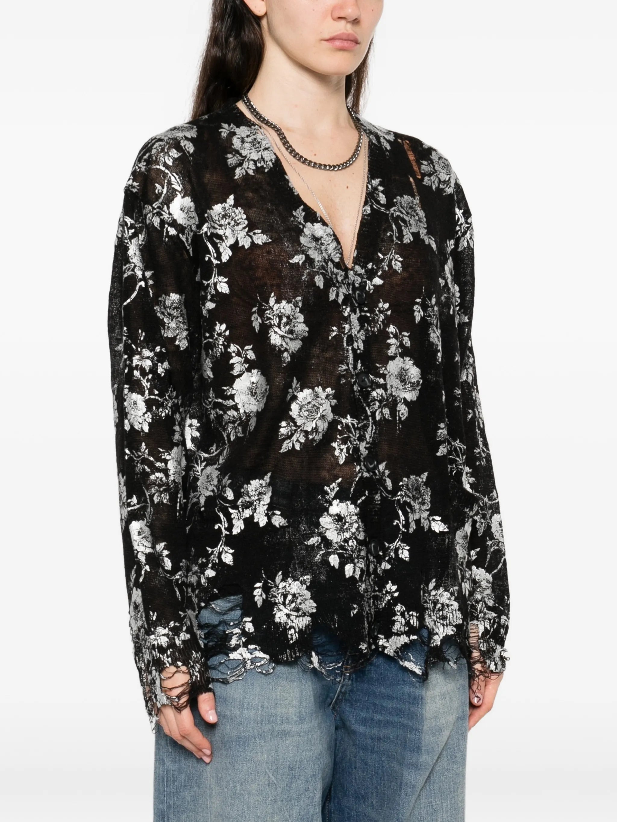 floral print frayed cardigan