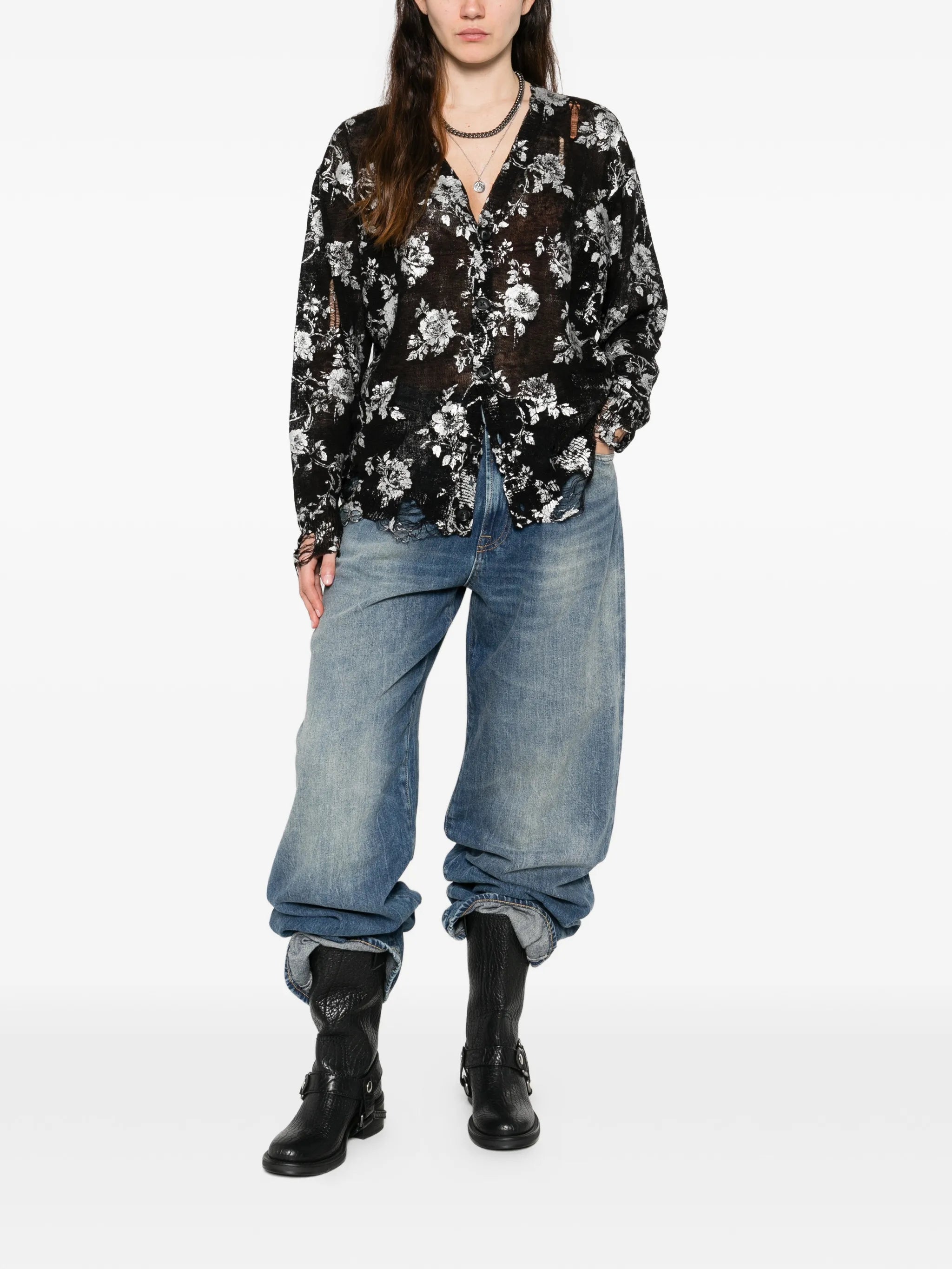 floral print frayed cardigan