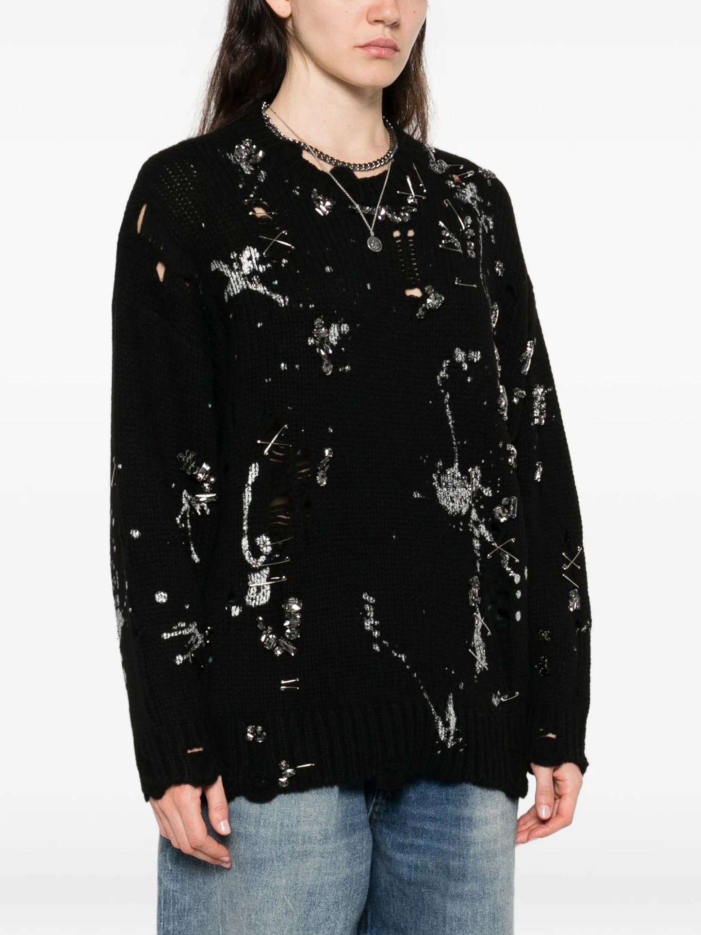 distressed crystals pin SWEATER