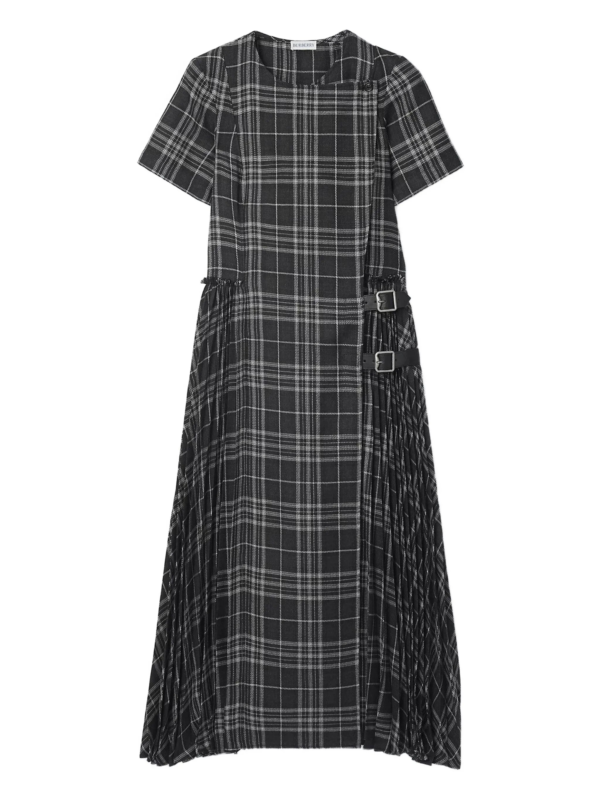 buckle pleated check-print dress