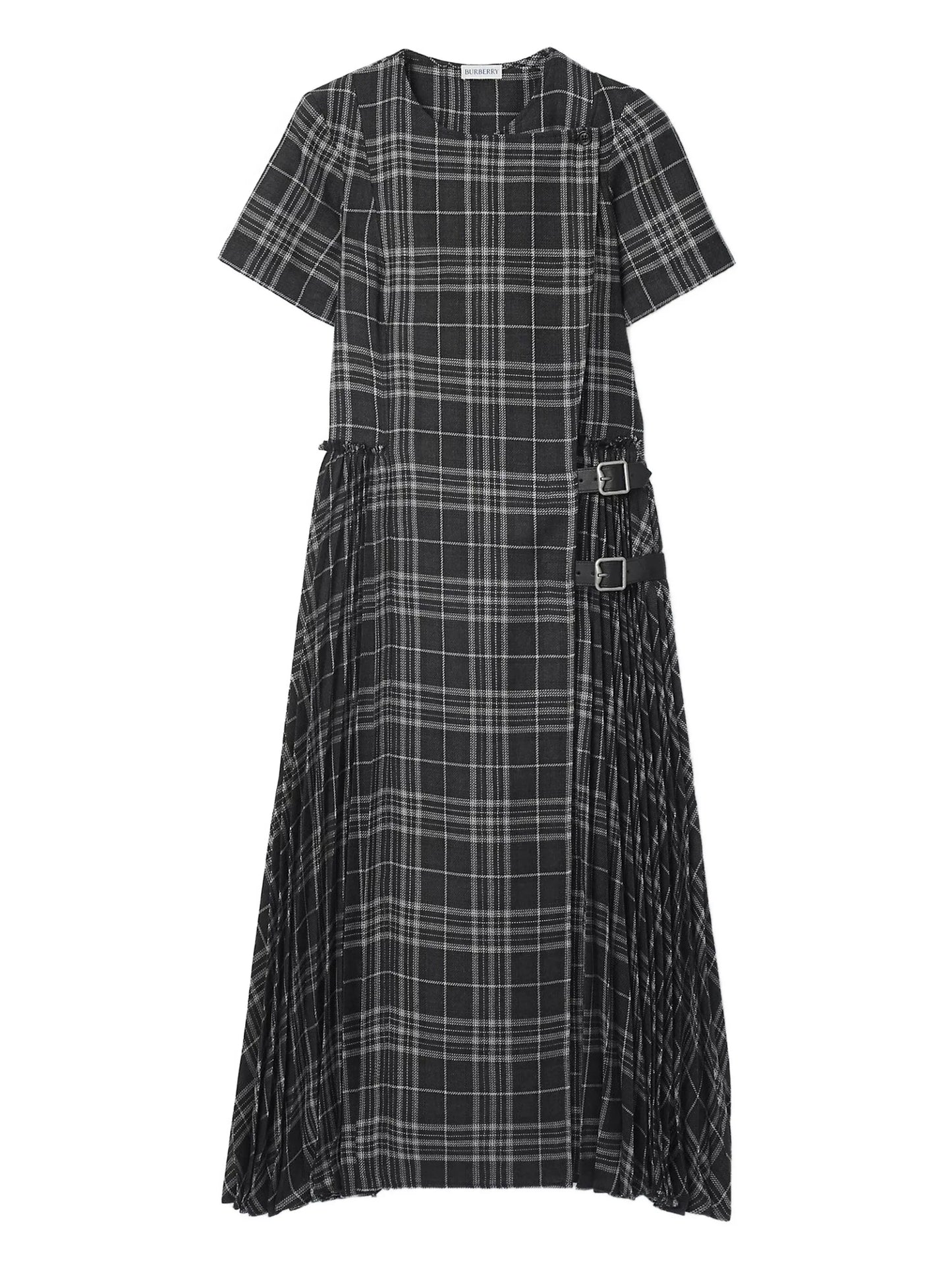 buckle pleated check-print dress