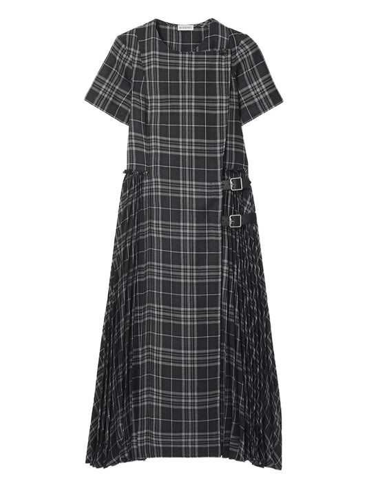 buckle pleated check-print dress
