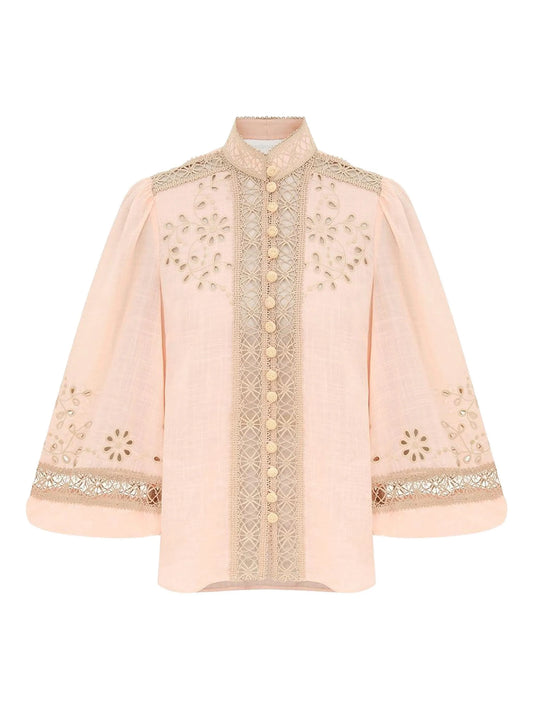 floral-embroidered button shirt