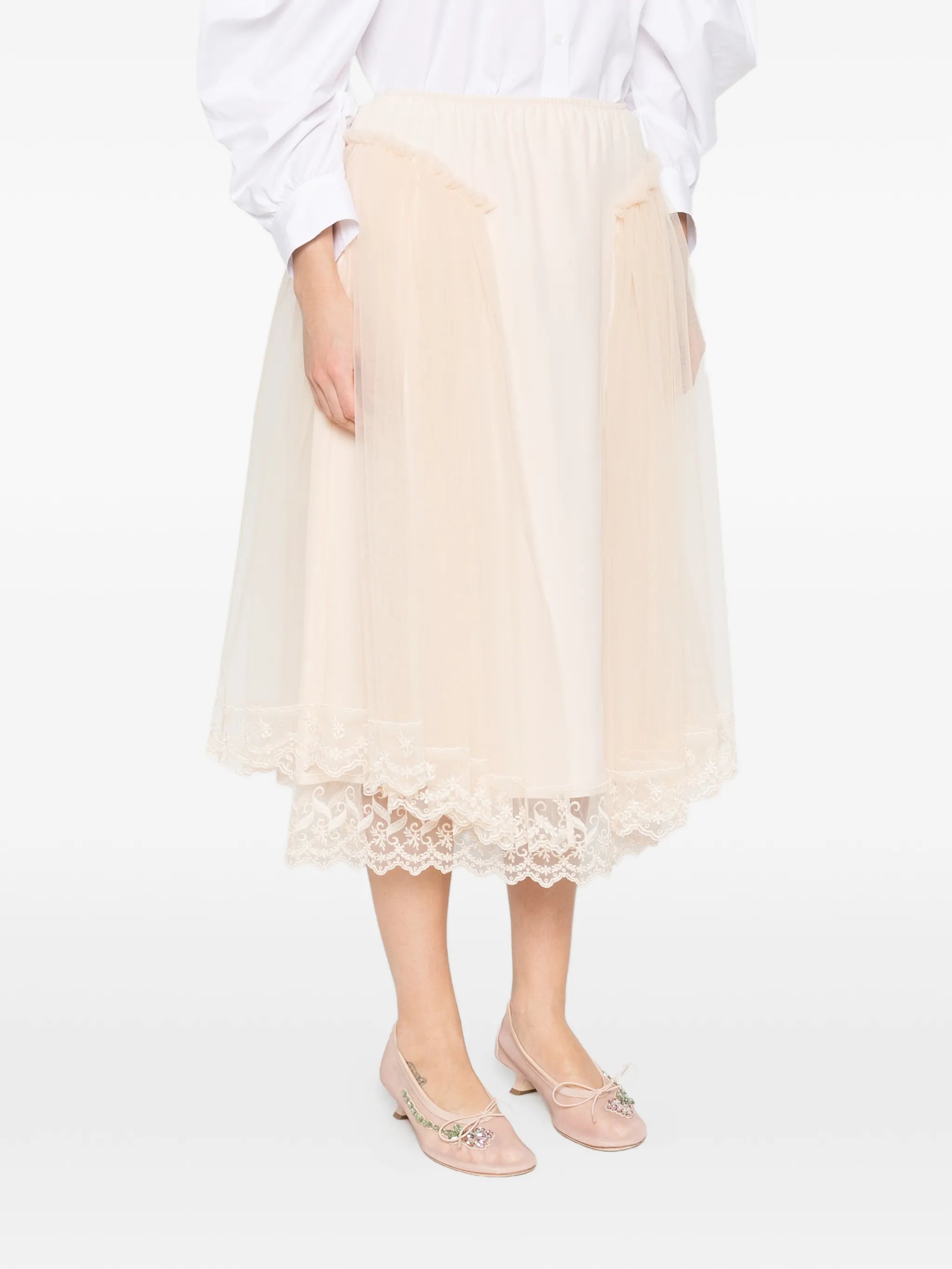 lace-trim hip-detail midi skirt