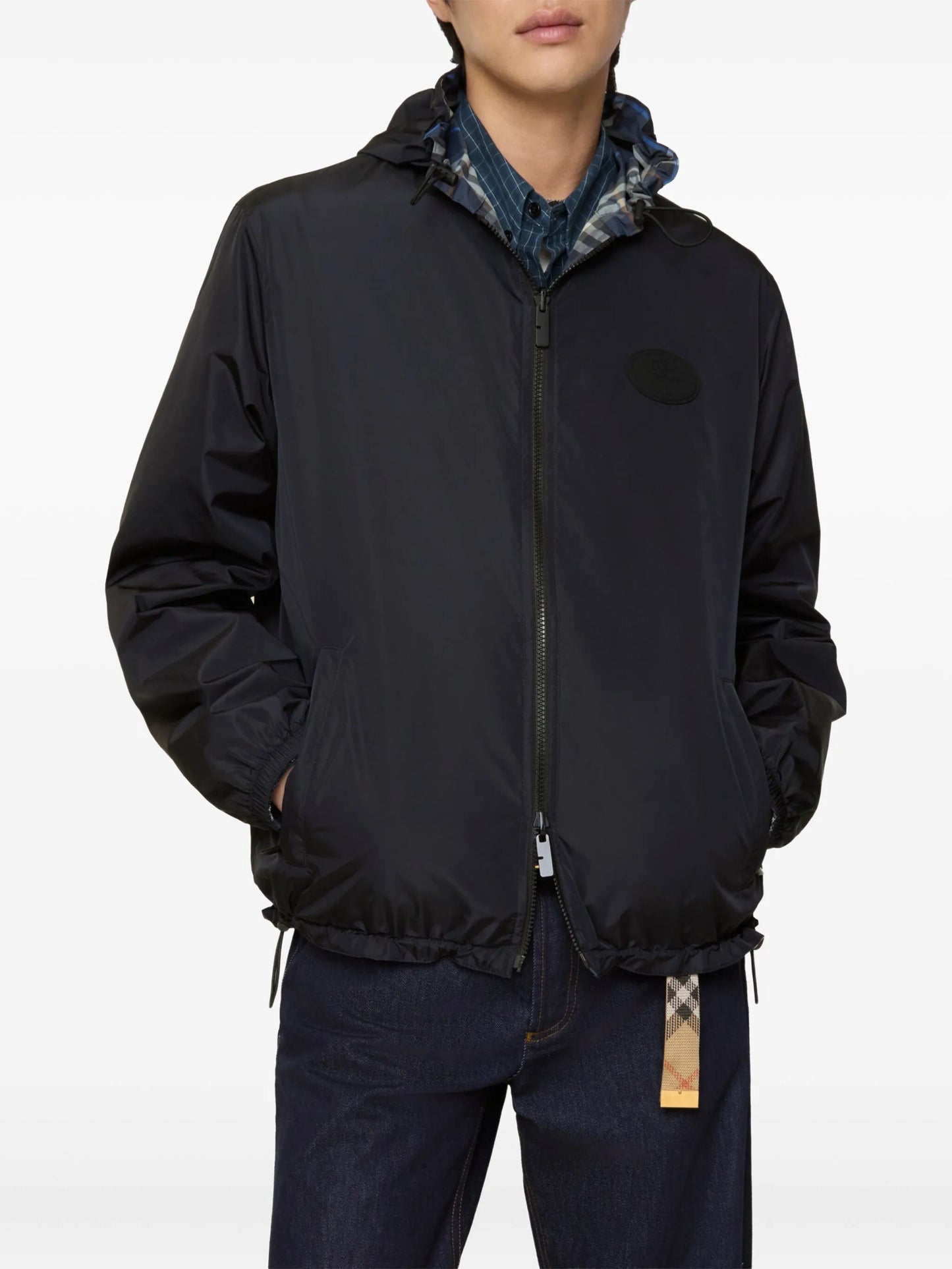 check-pattern hooded reversible jacket