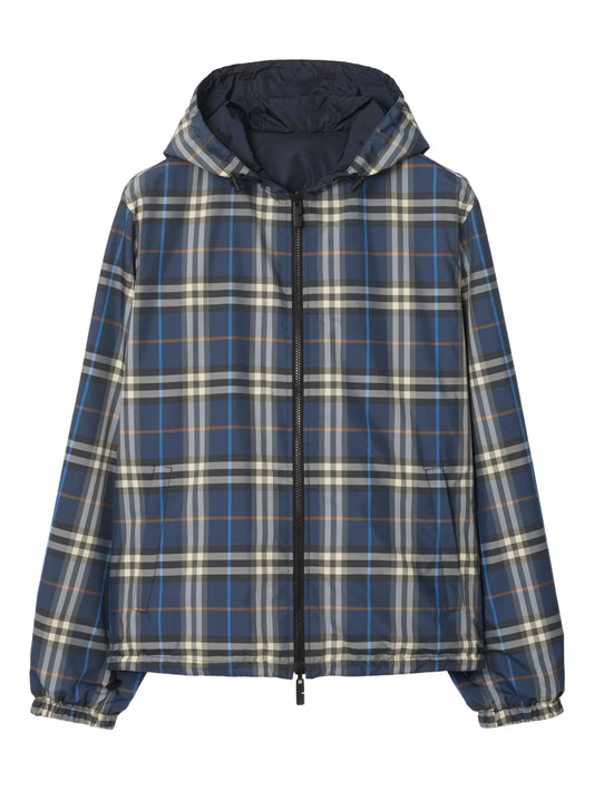 check-pattern hooded reversible jacket