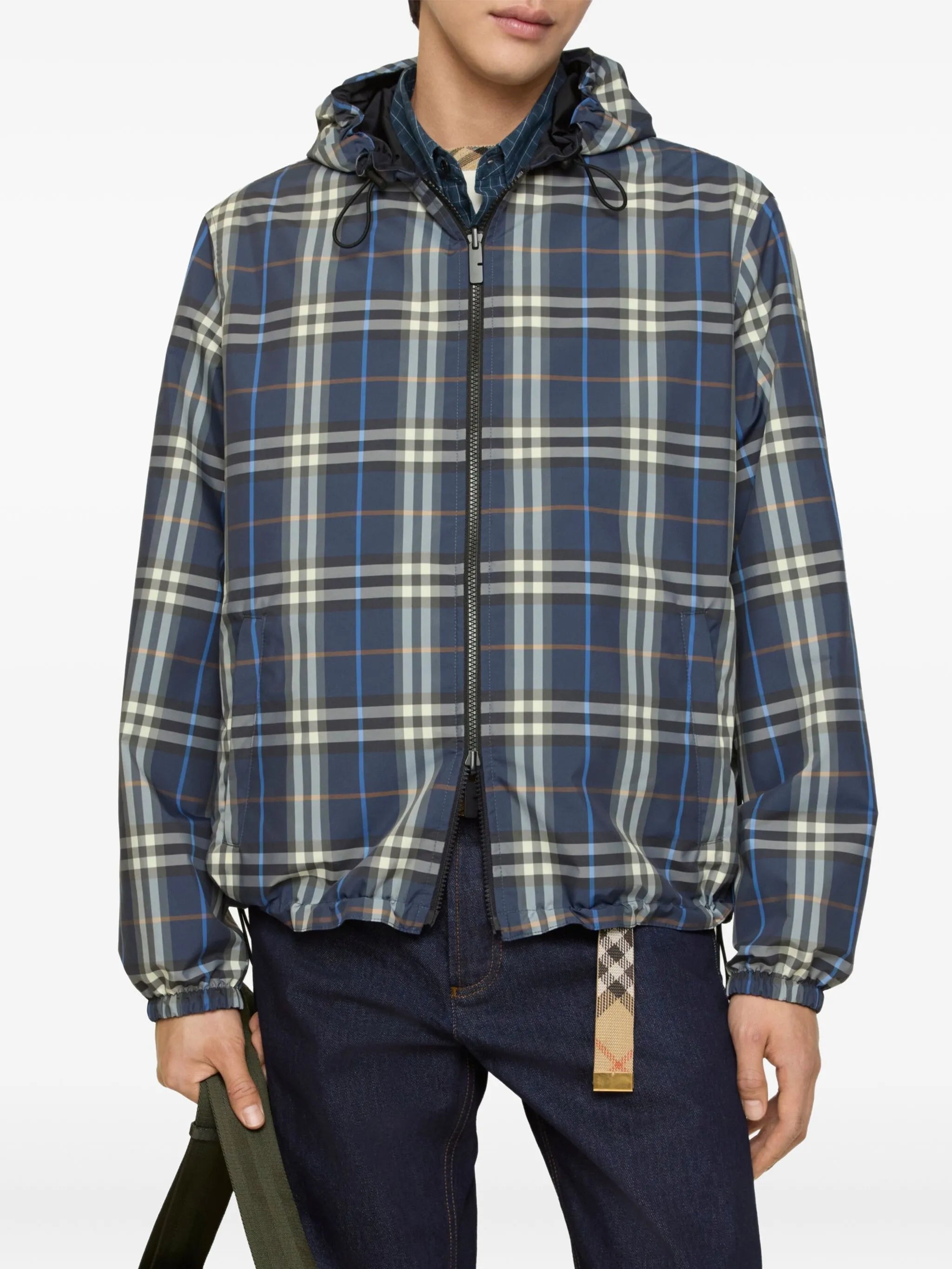 check-pattern hooded reversible jacket