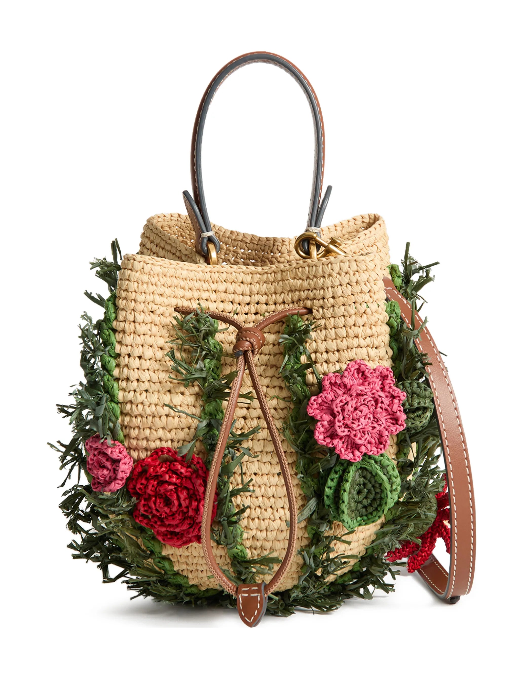 raffia floral bucket bag