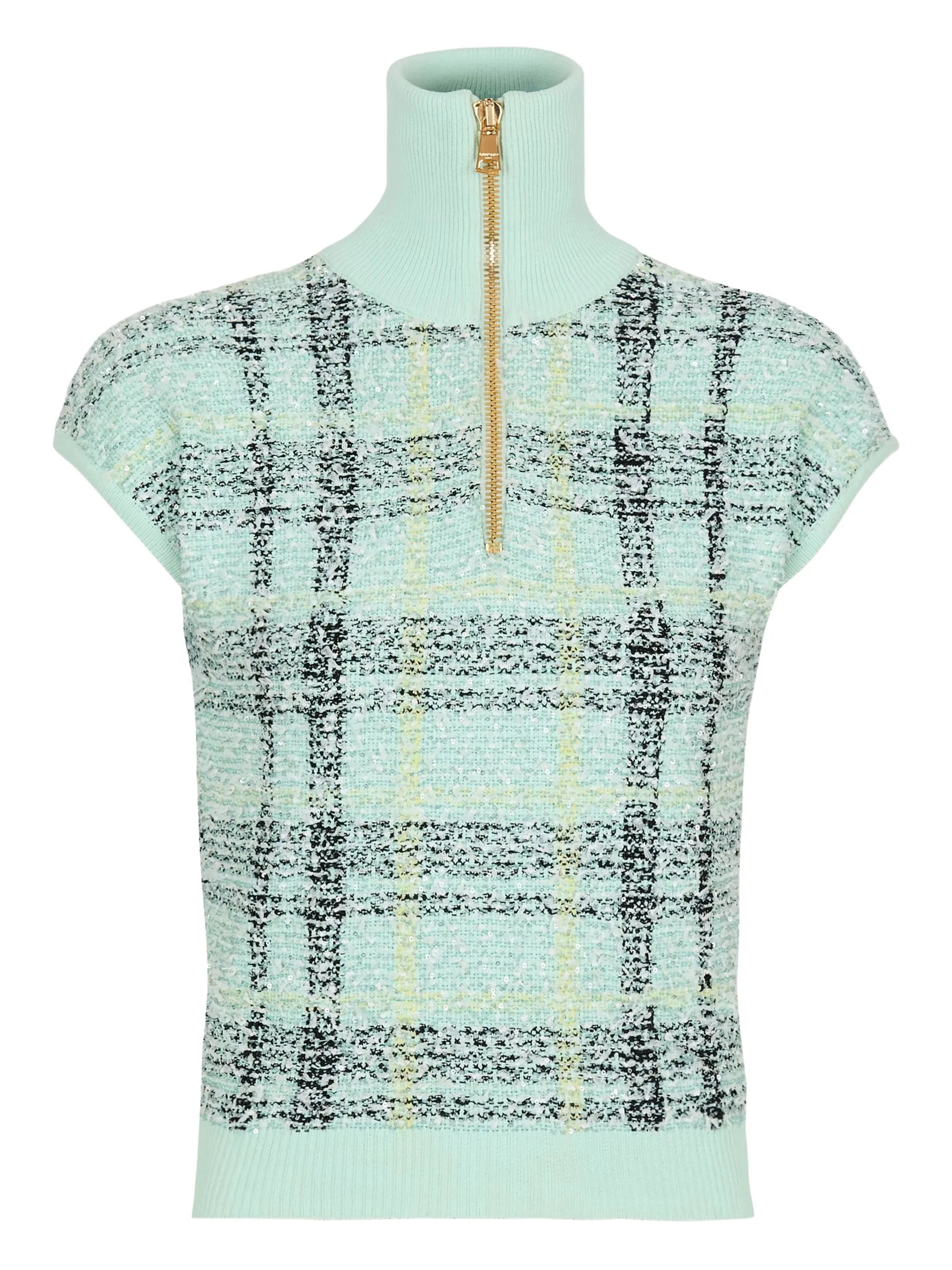 plaid-detail zip-fastening top