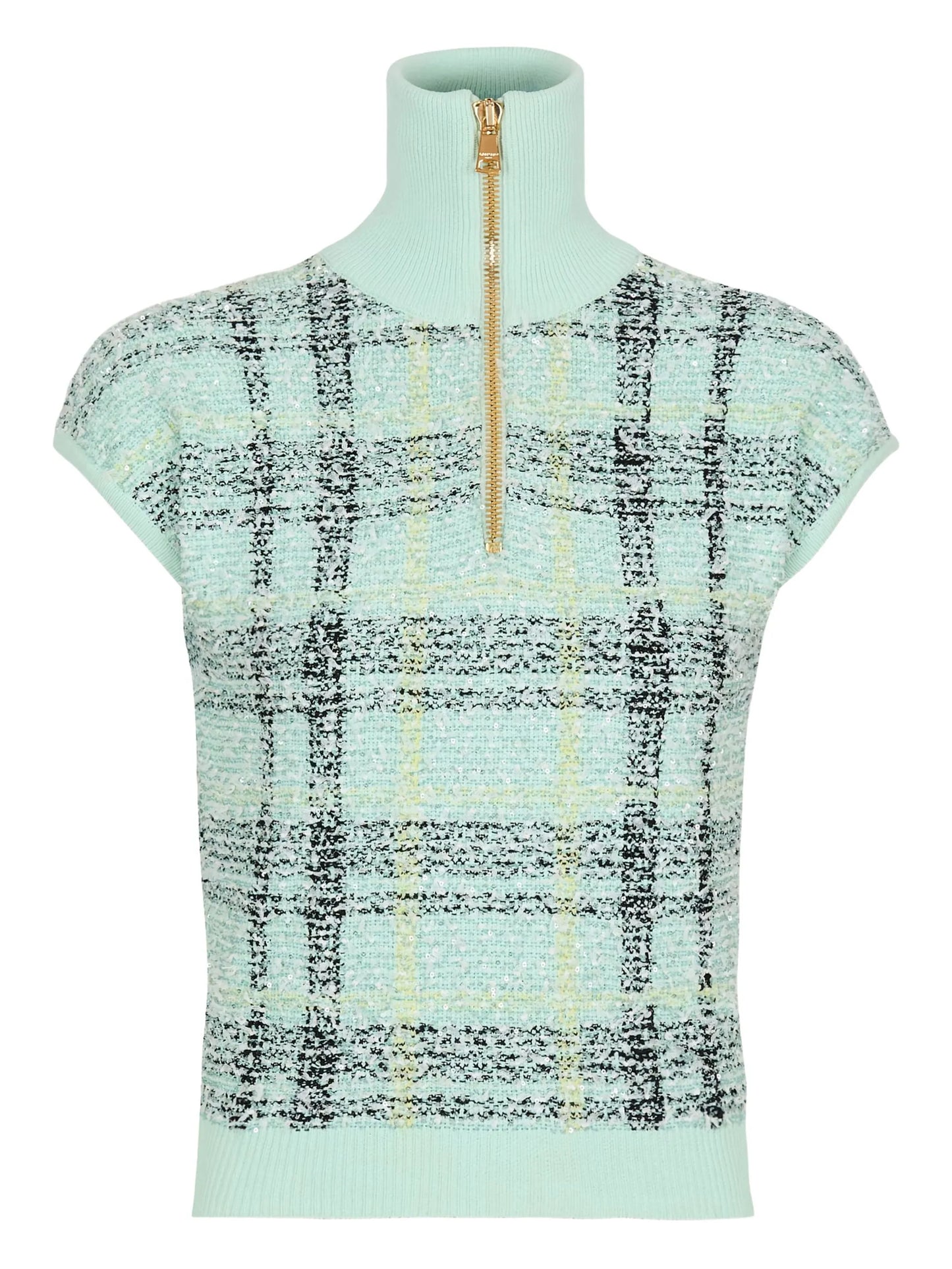 plaid-detail zip-fastening top