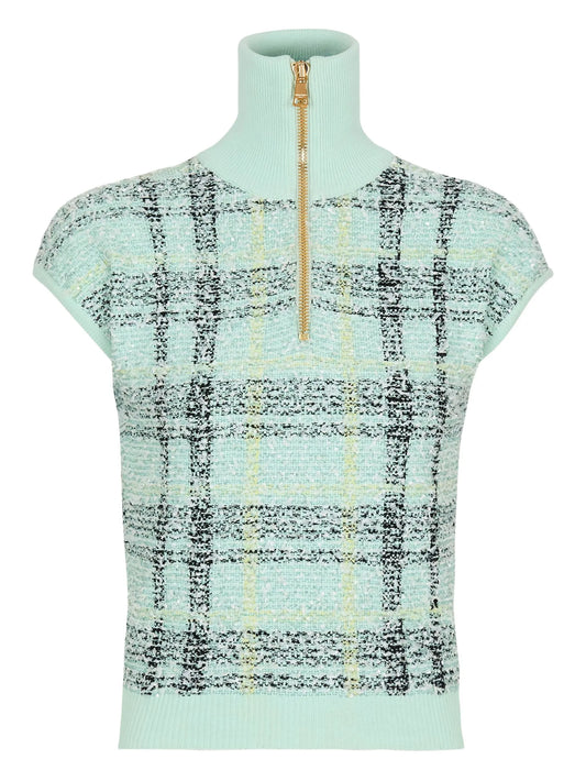 plaid-detail zip-fastening top