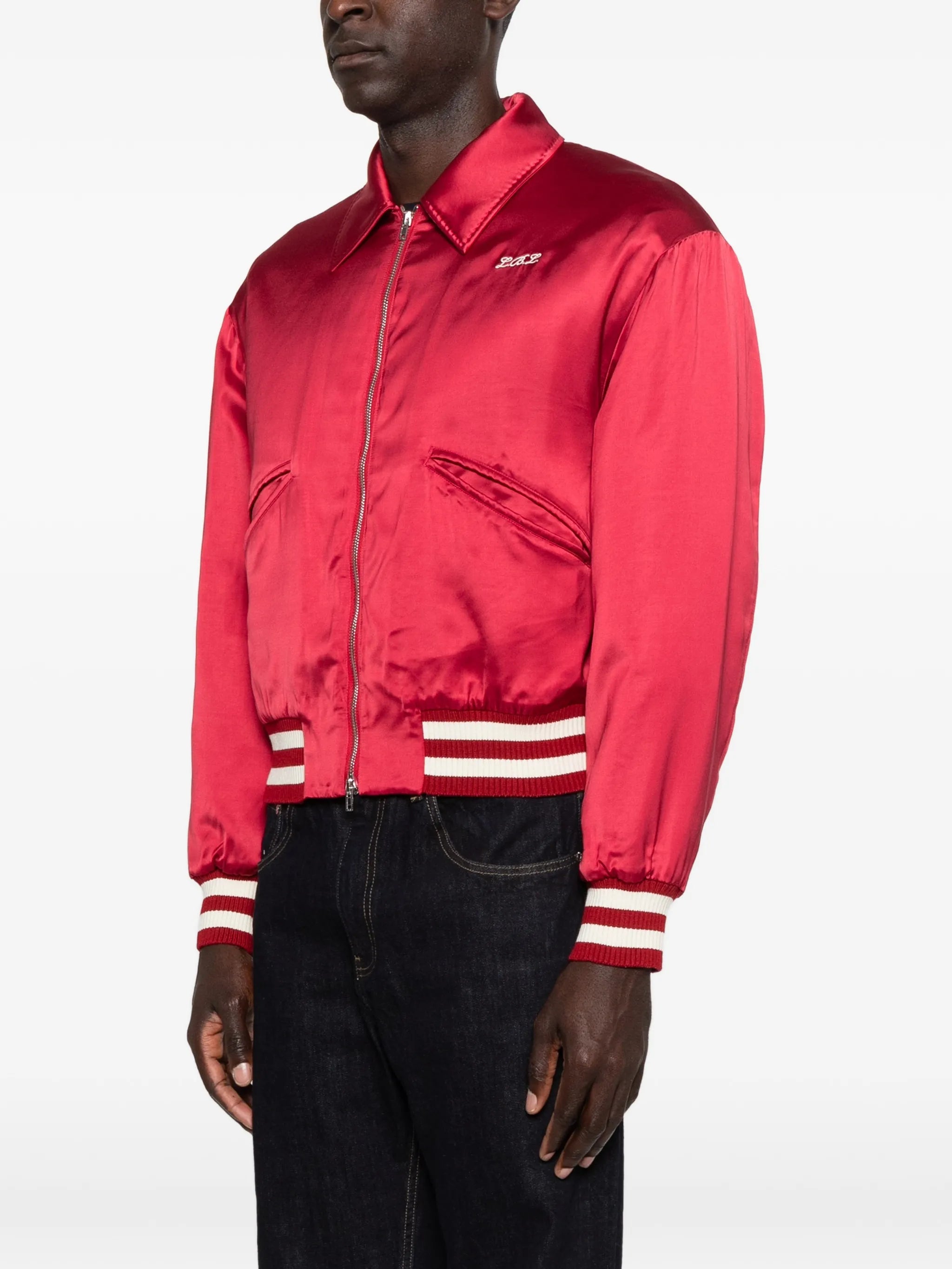satin-finish embroidered bomber jacket