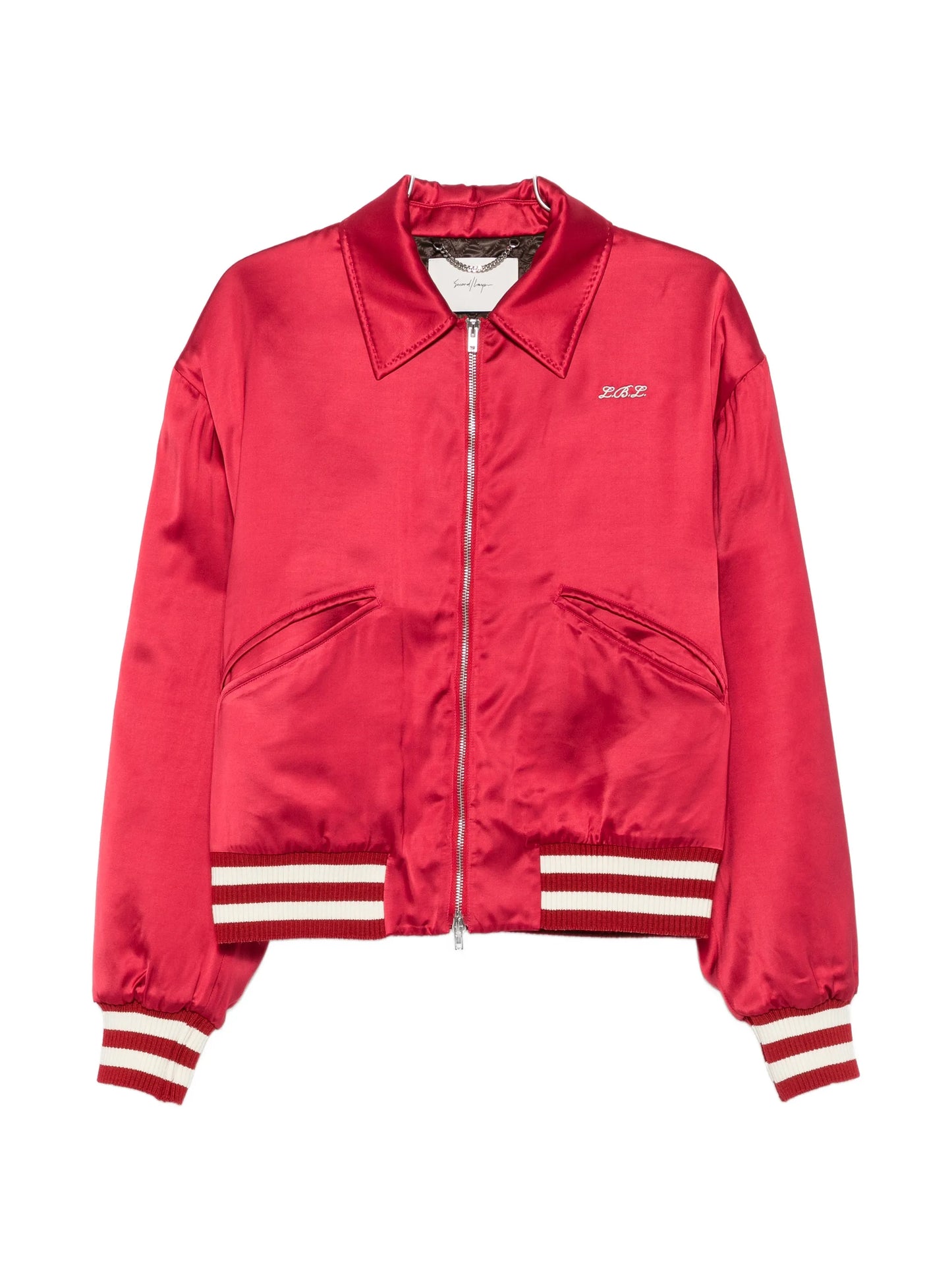 satin-finish embroidered bomber jacket