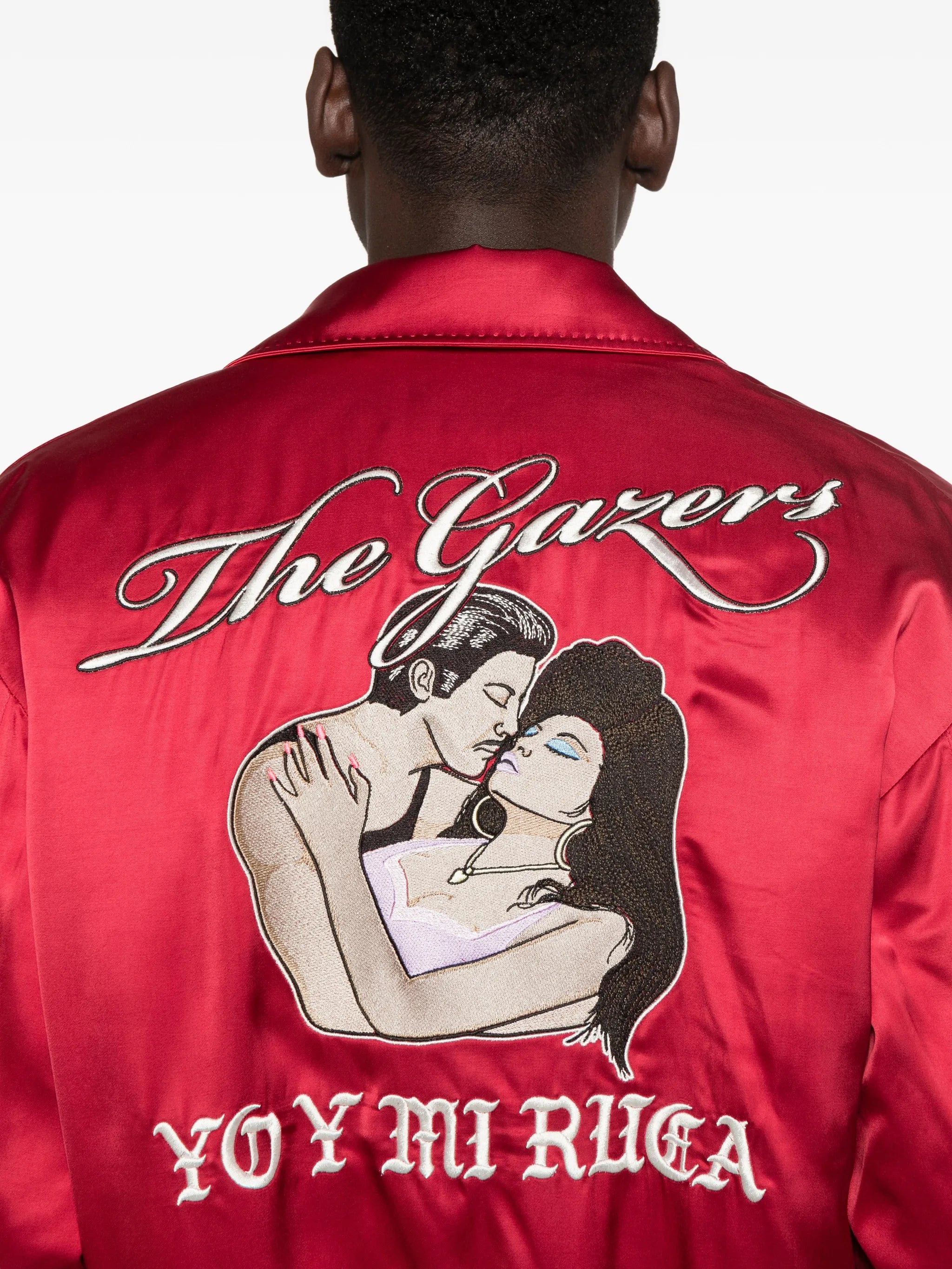 satin-finish embroidered bomber jacket