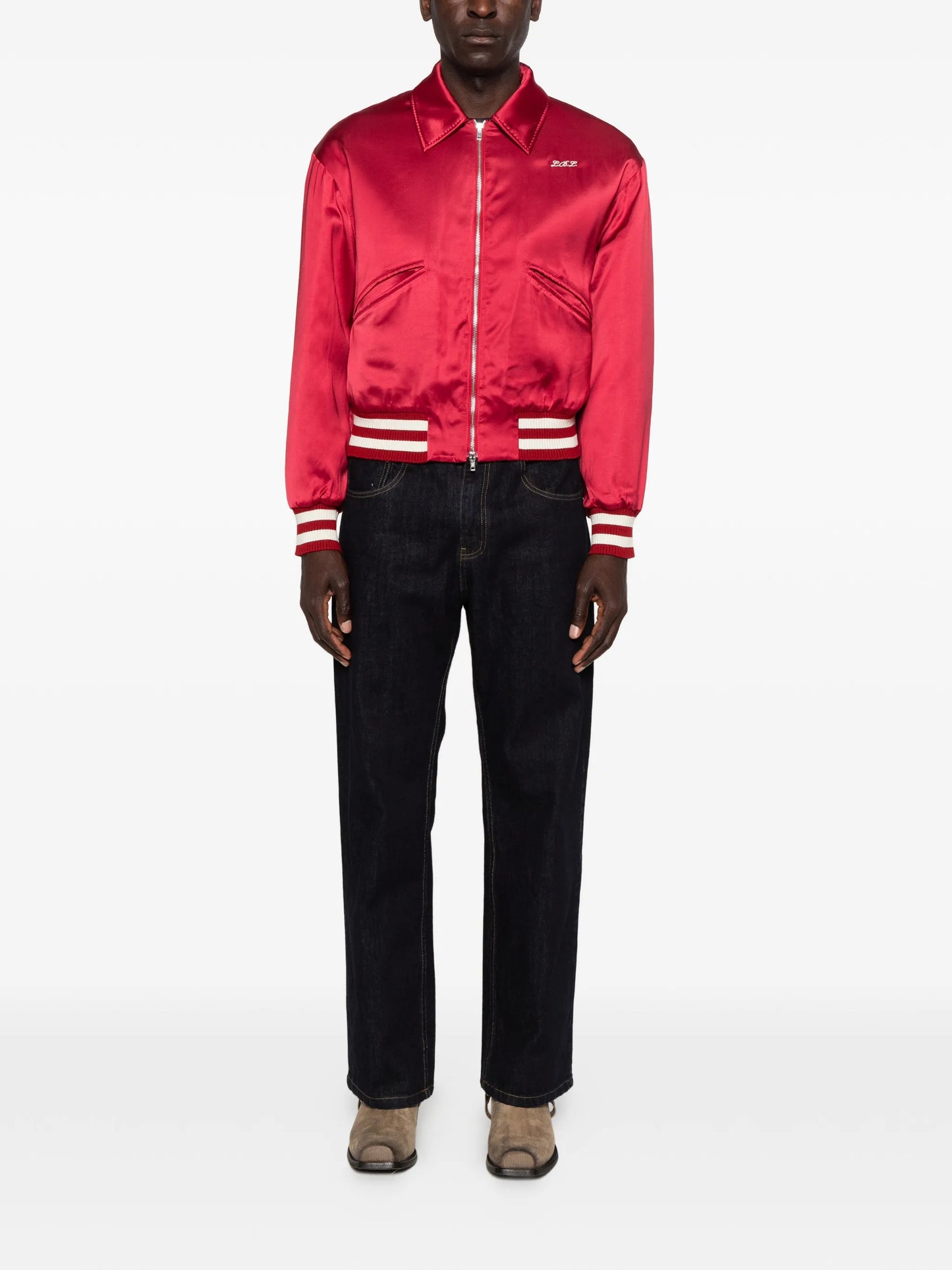 satin-finish embroidered bomber jacket