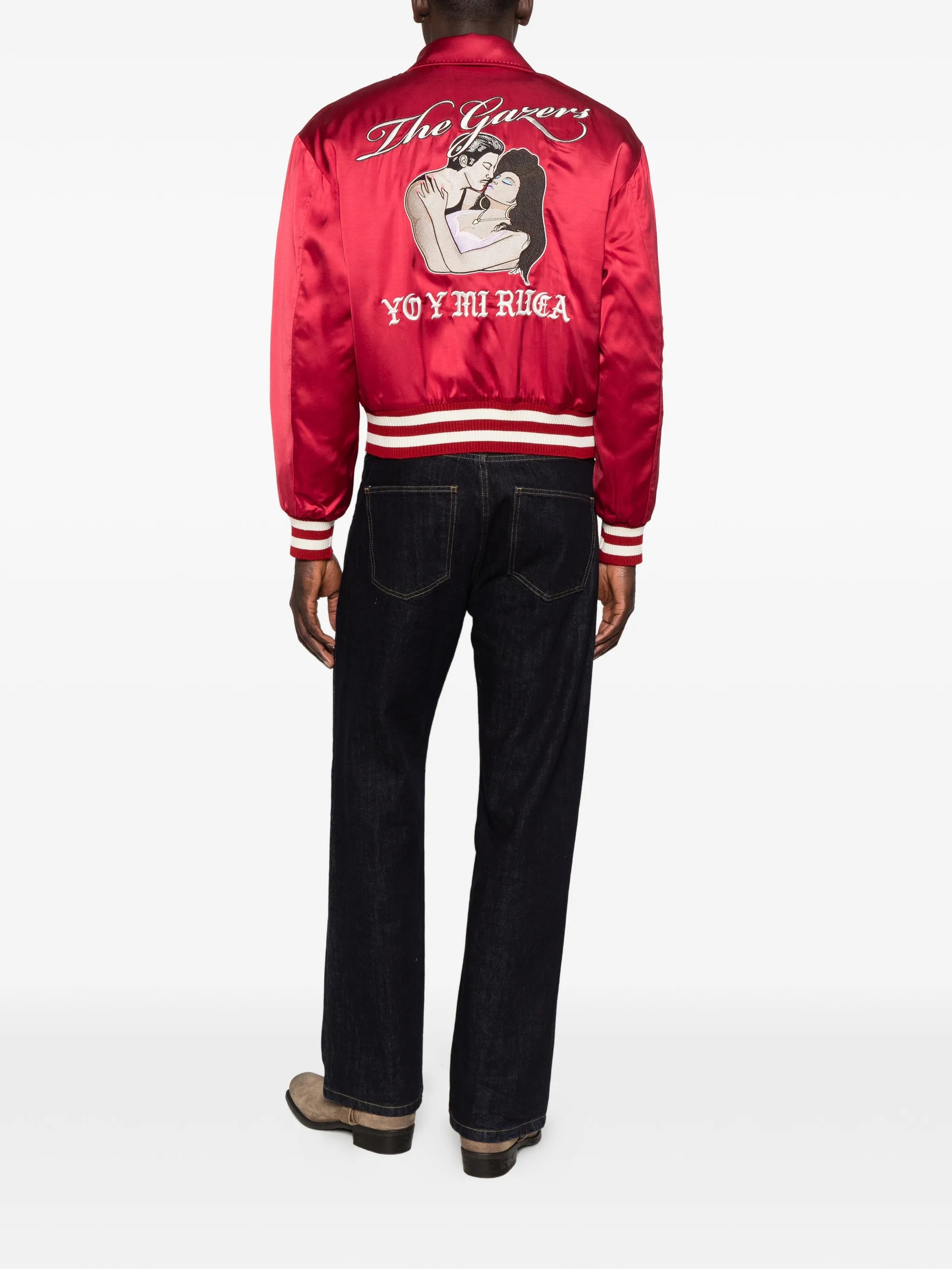 satin-finish embroidered bomber jacket