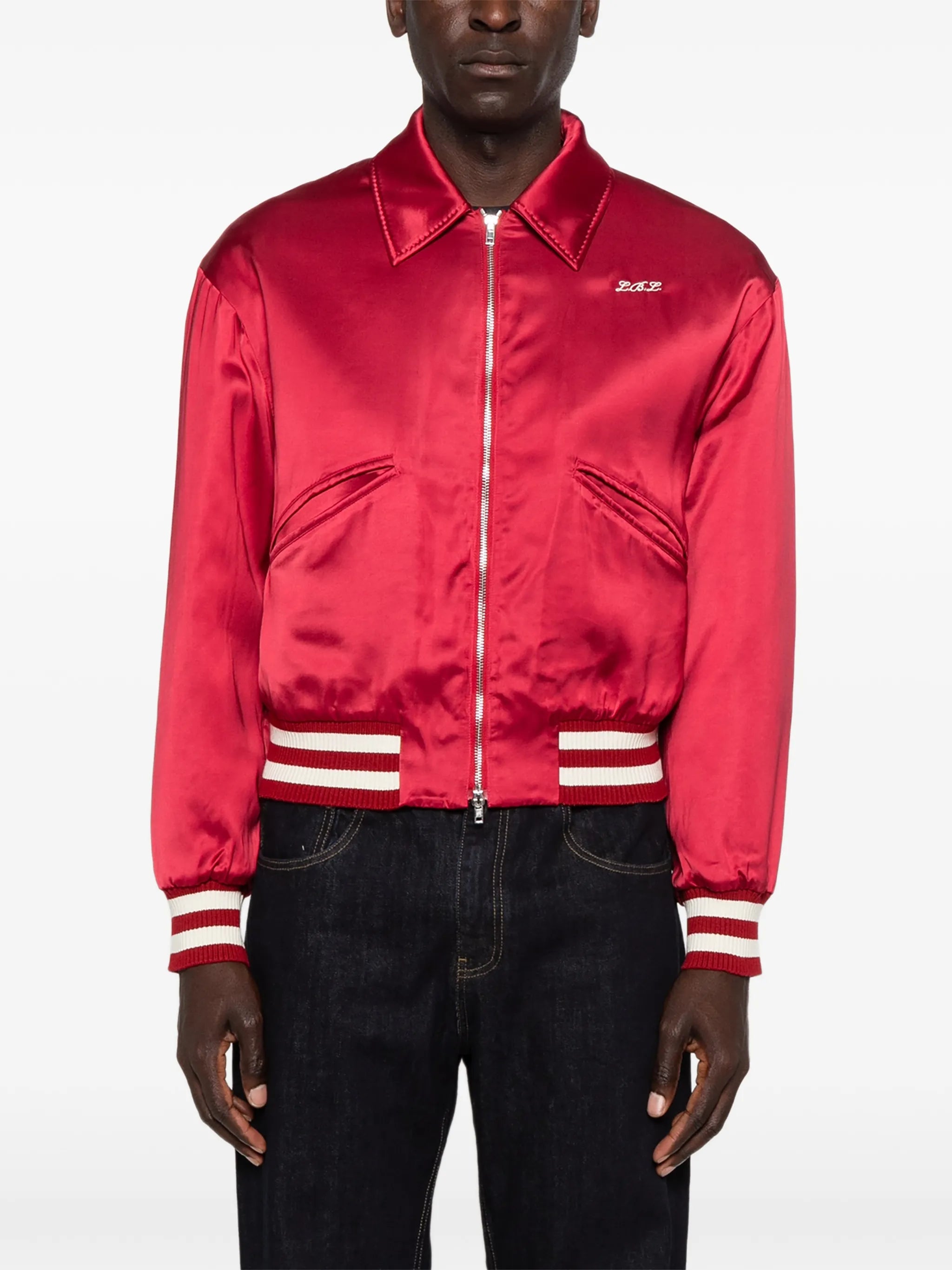 satin-finish embroidered bomber jacket