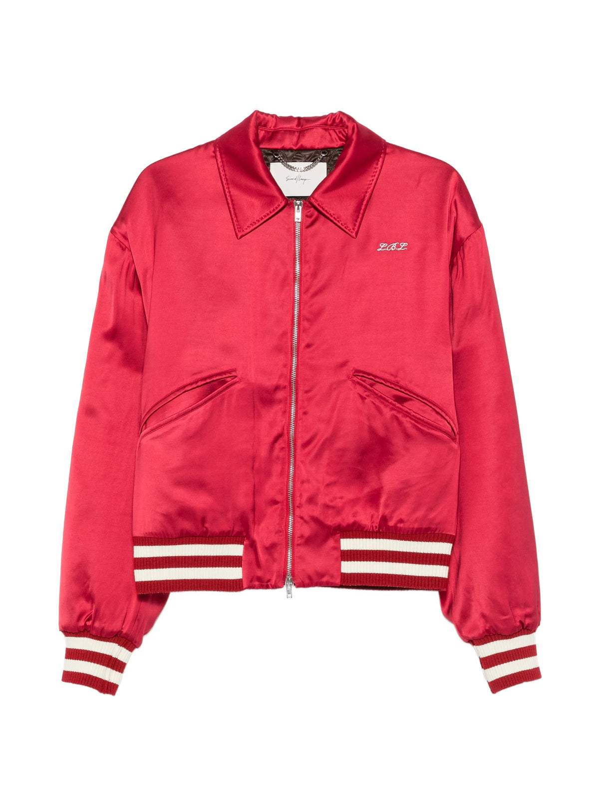 satin-finish embroidered bomber jacket