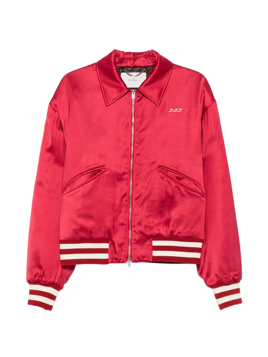 satin-finish embroidered bomber jacket