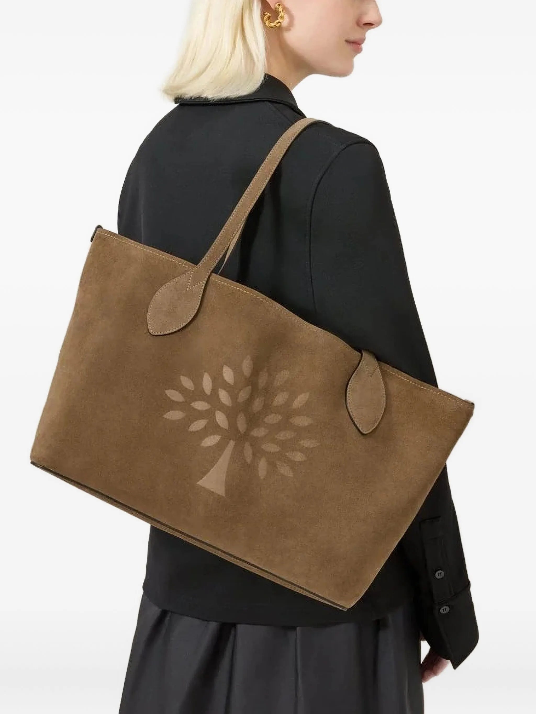 Tree-motif suede tote bag