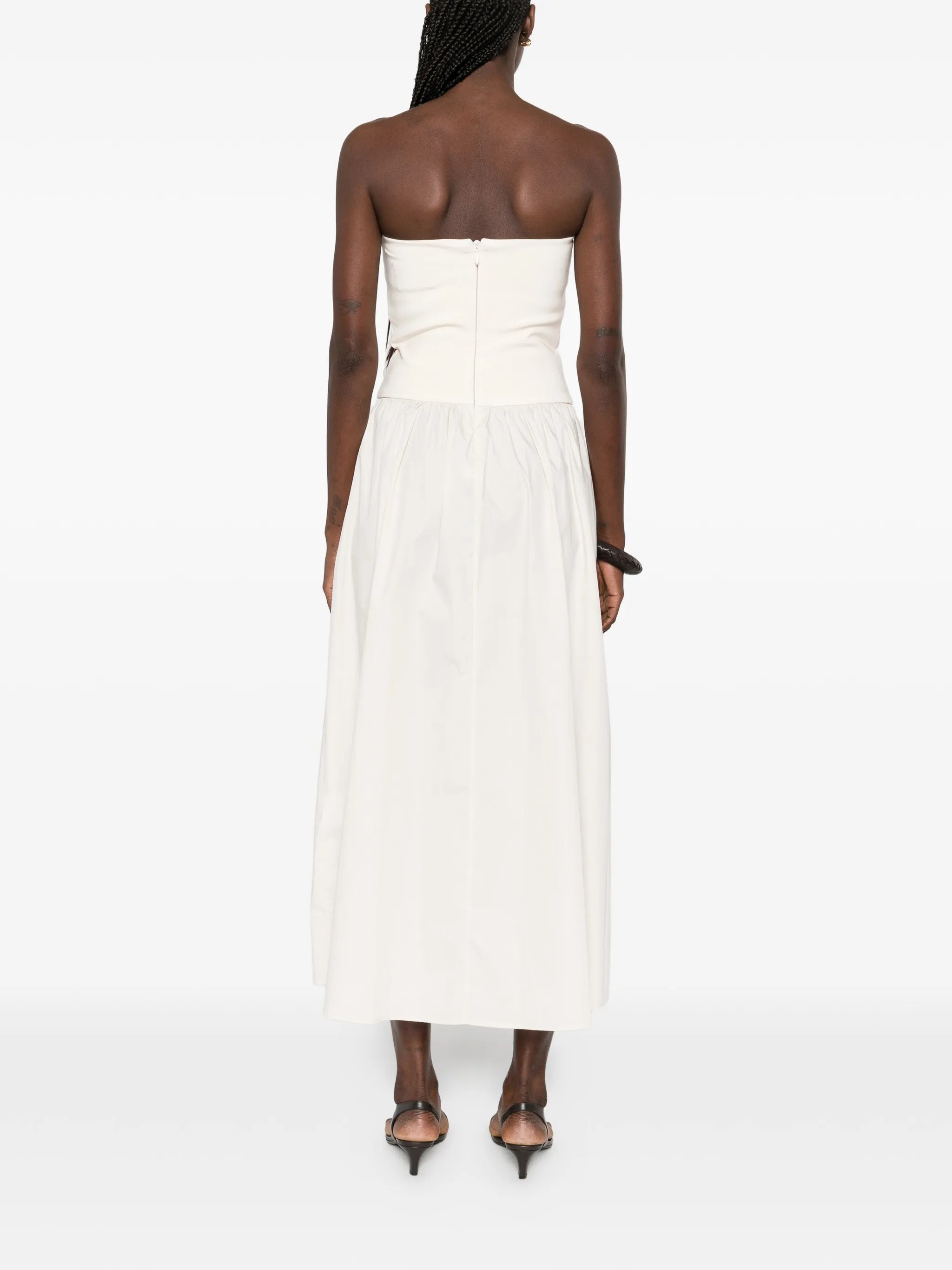 strapless split midi dress