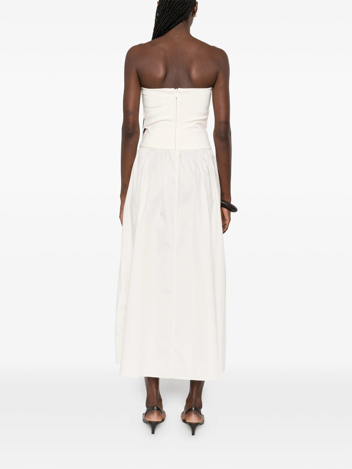 strapless split midi dress