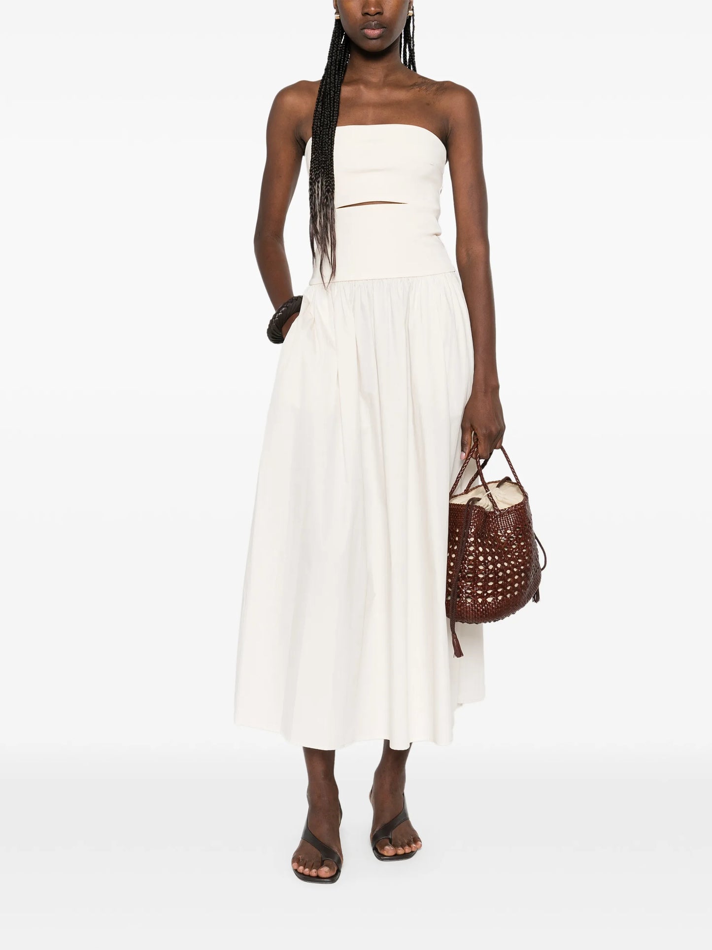 strapless split midi dress