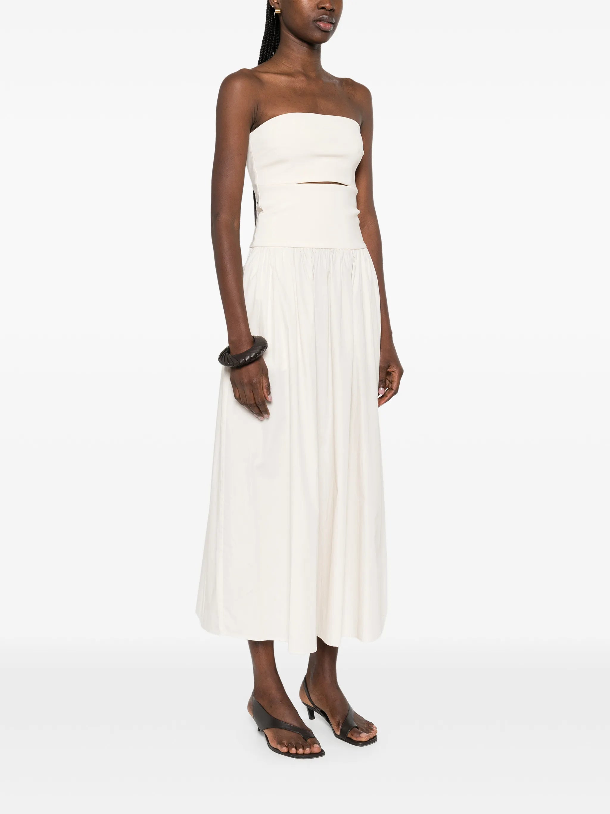 strapless split midi dress