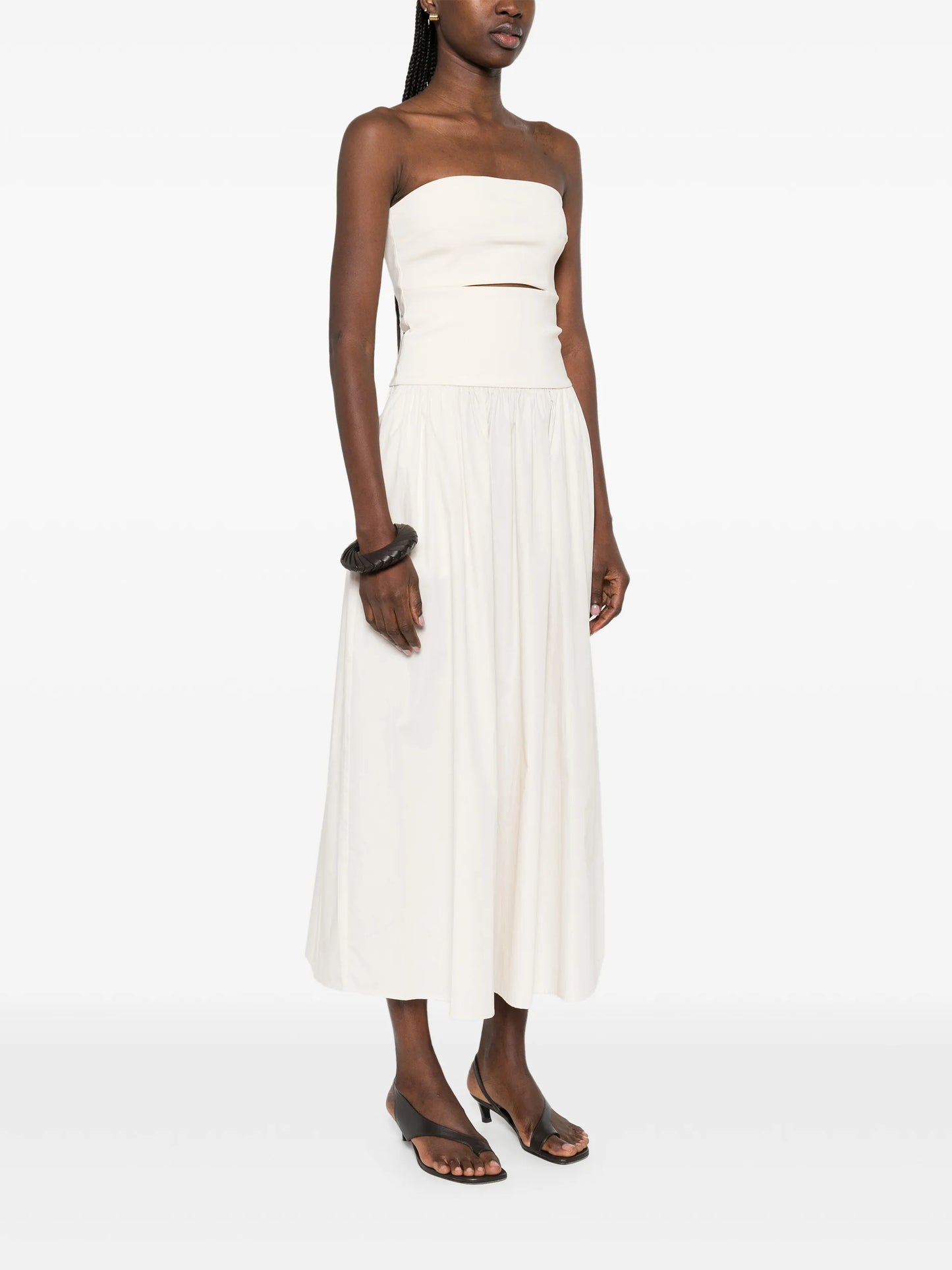 strapless split midi dress