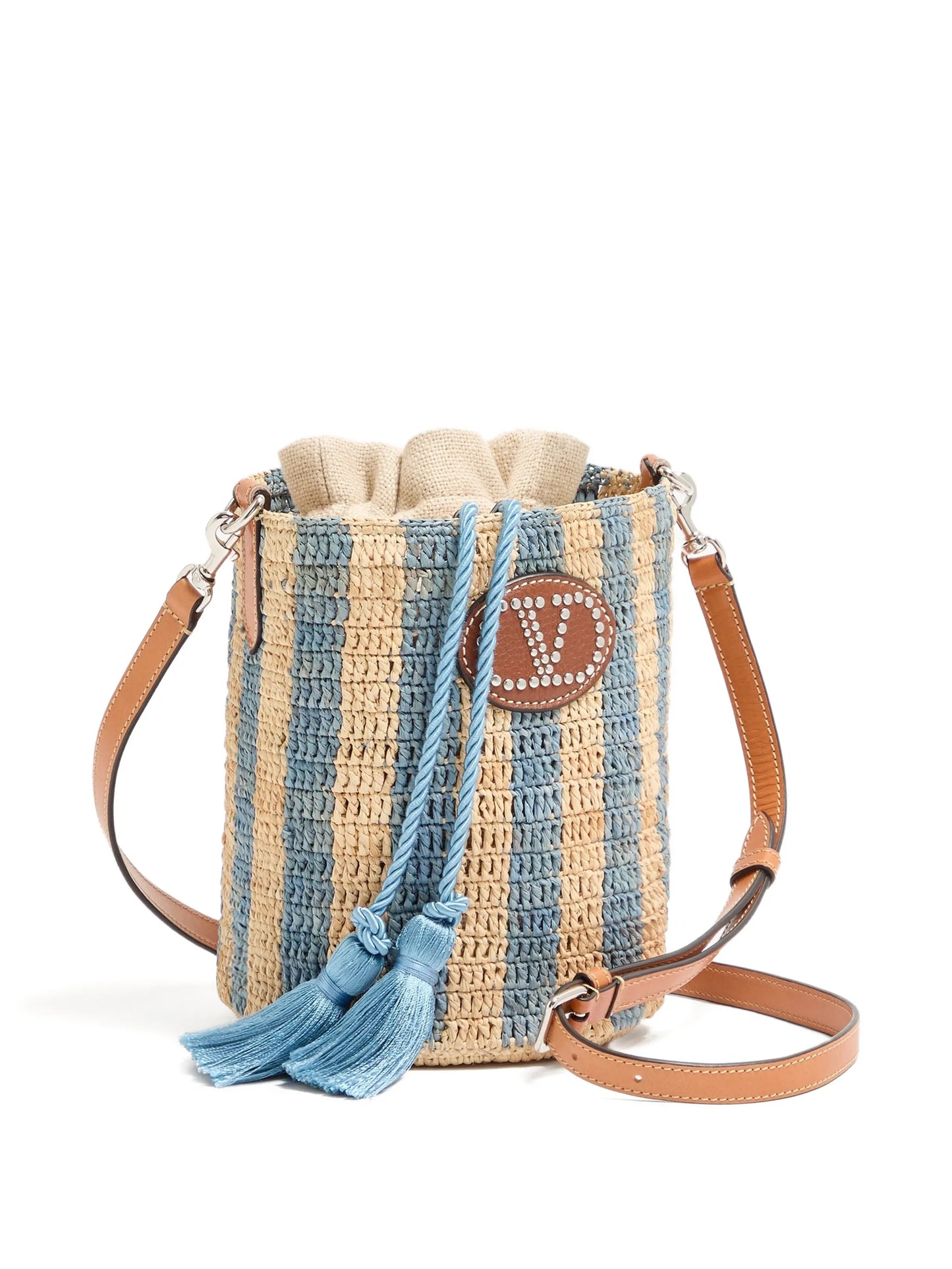 small striped raffia bucket bag