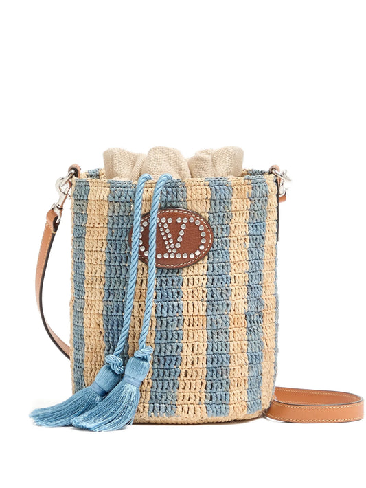 striped raffia bucket bag