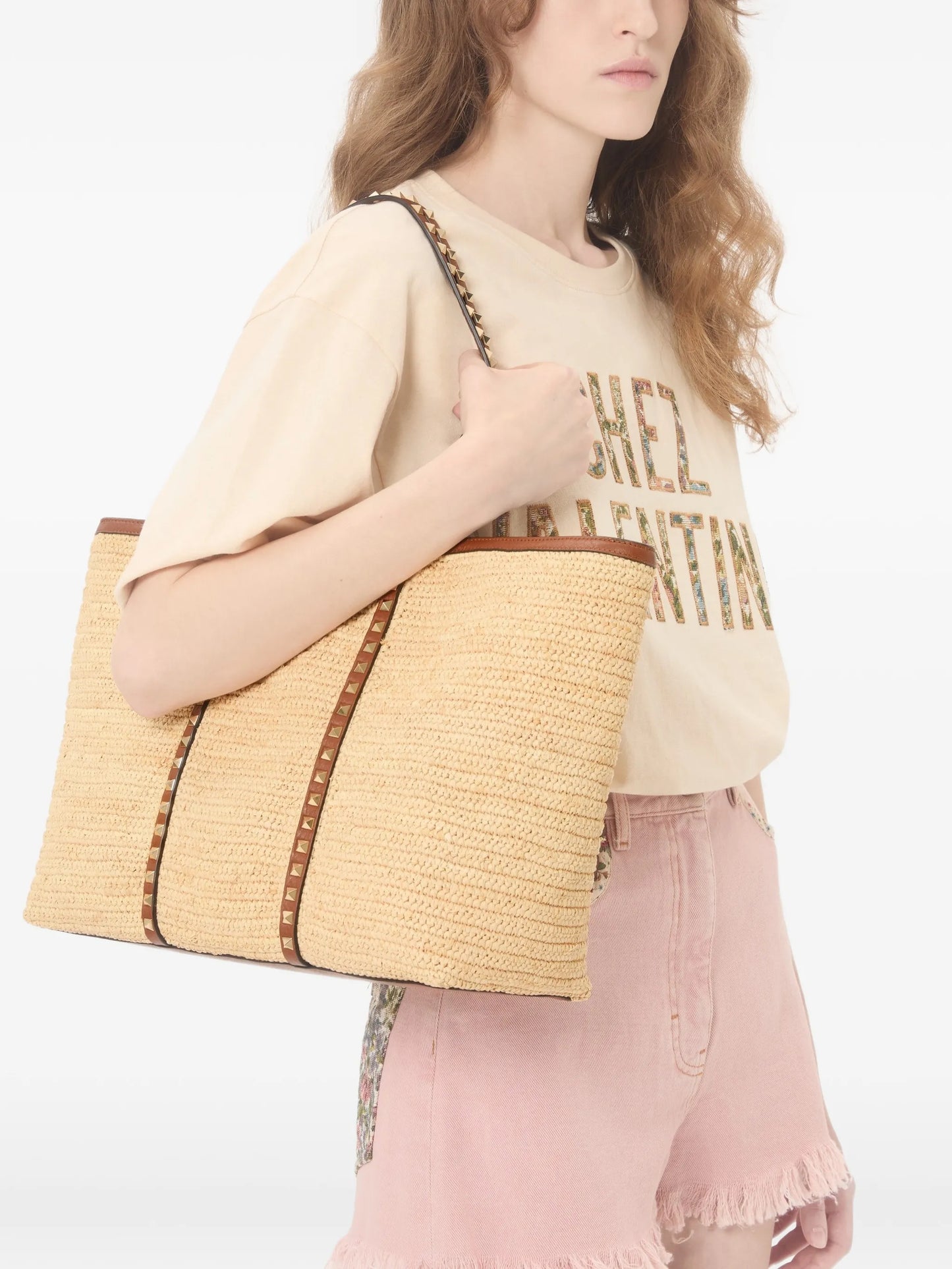 Rockstud raffia tote bag