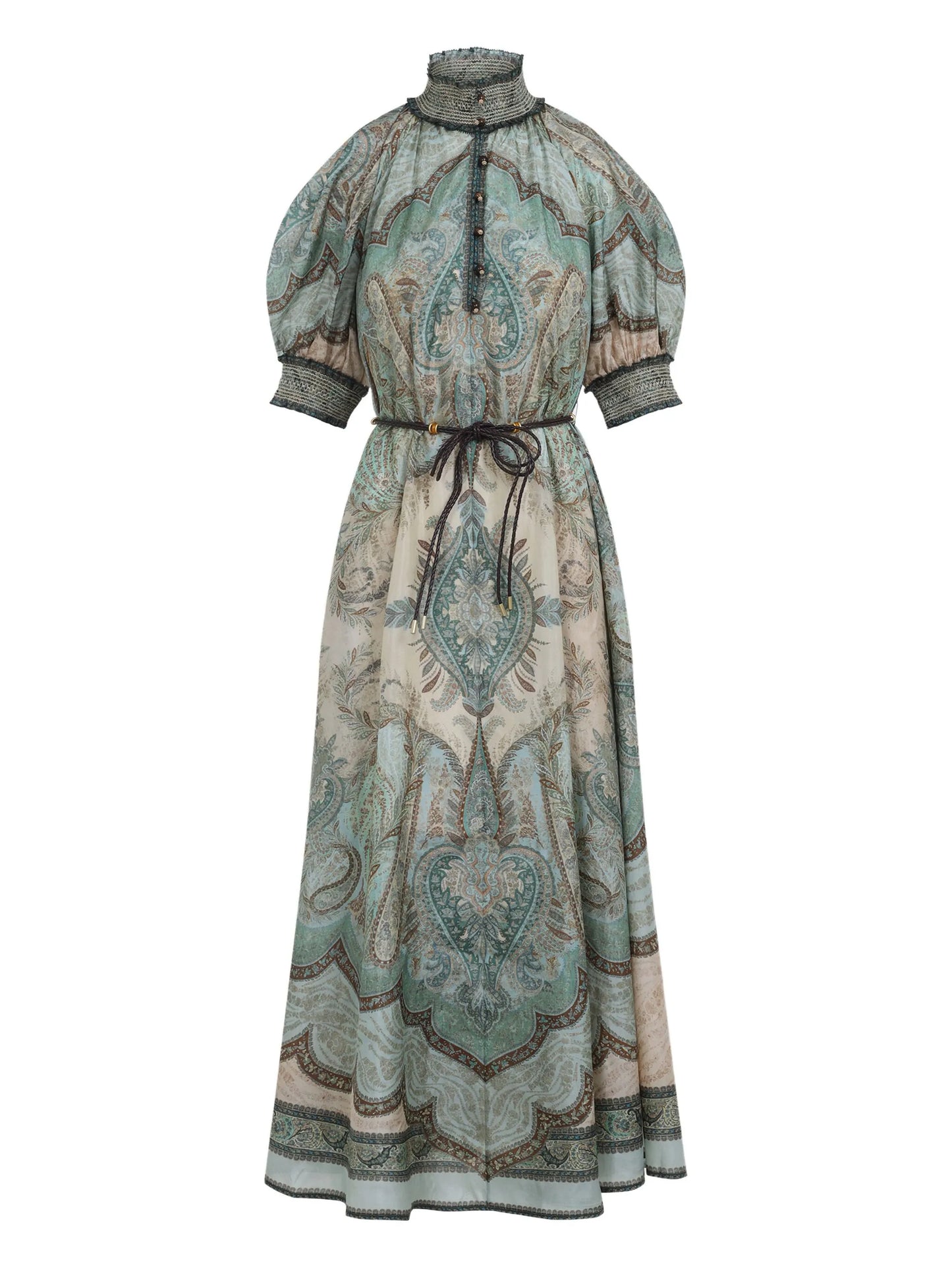 high-neck paisley silk dress