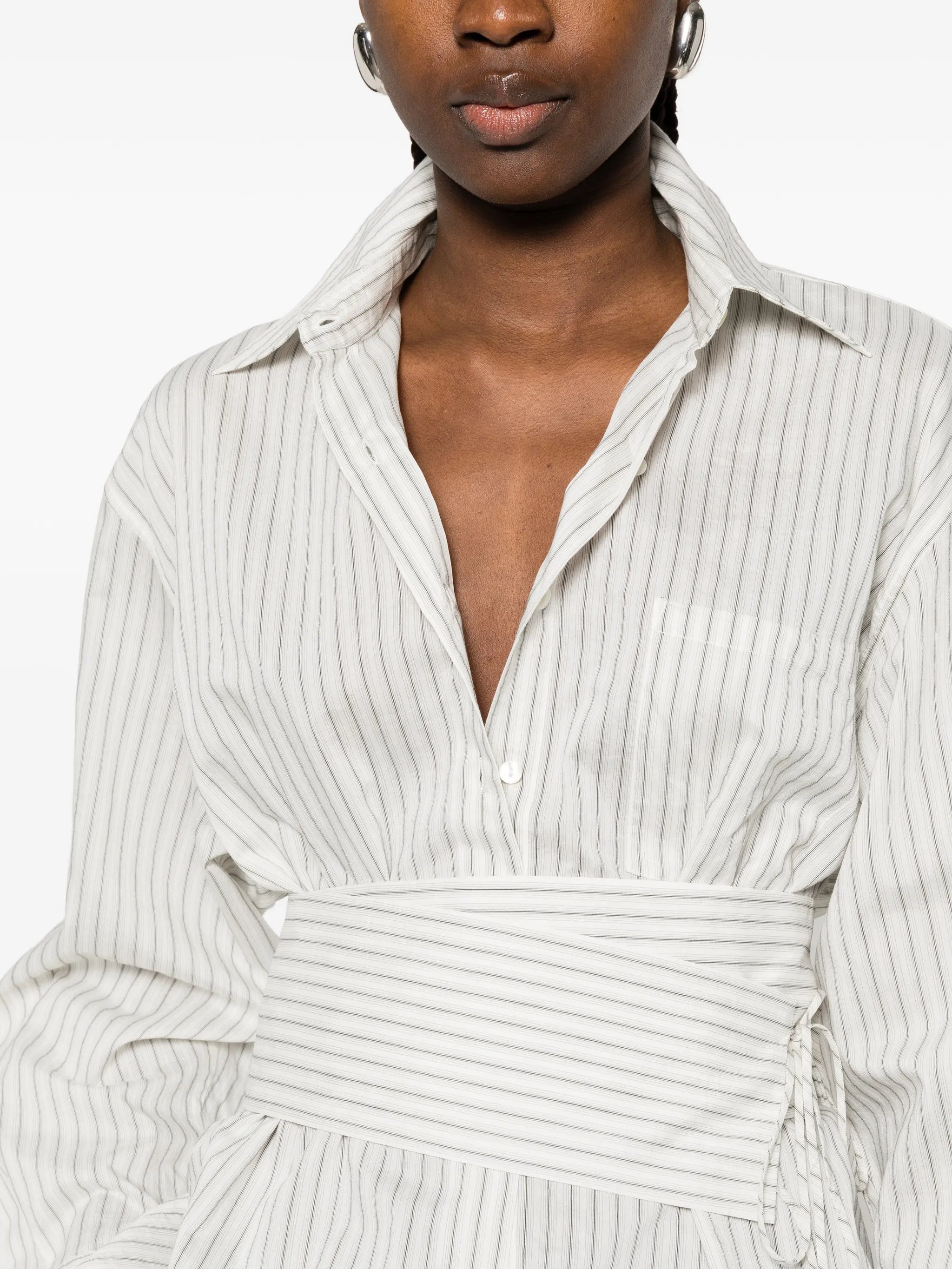 belted pinstriped shirt