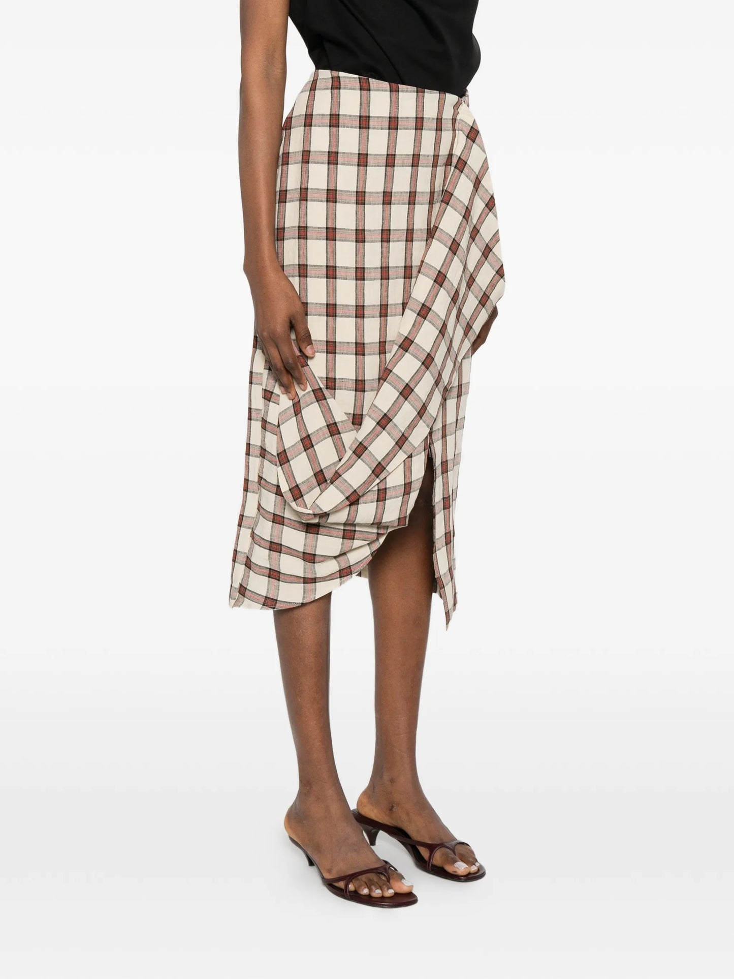 draped check midi skirt