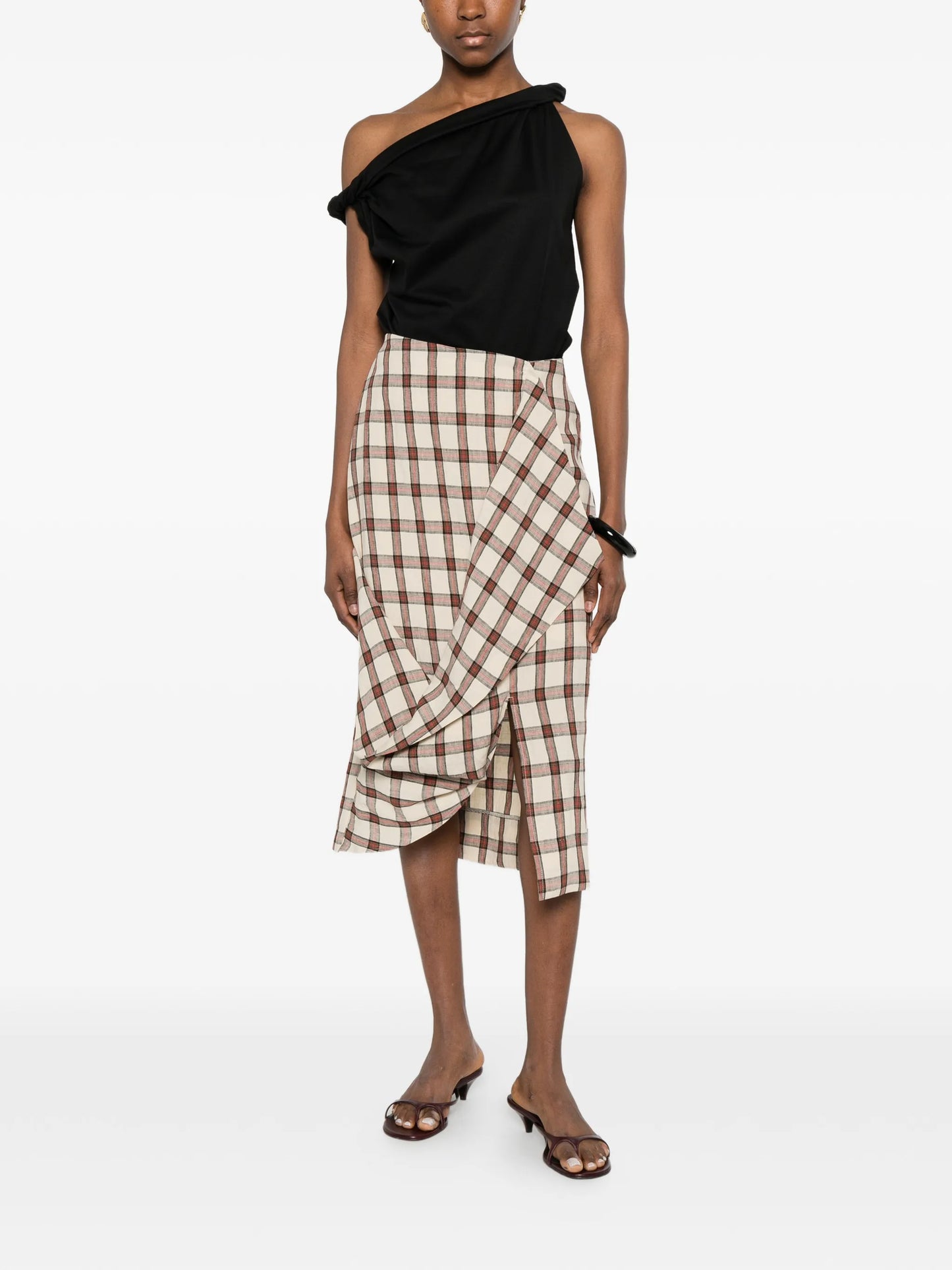 draped check midi skirt