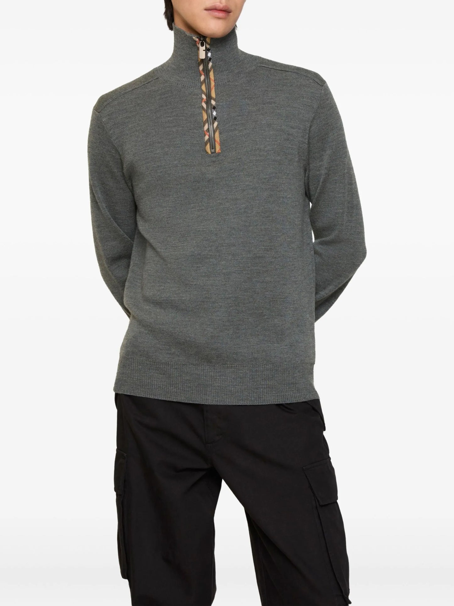 Check-trim half-zip sweater