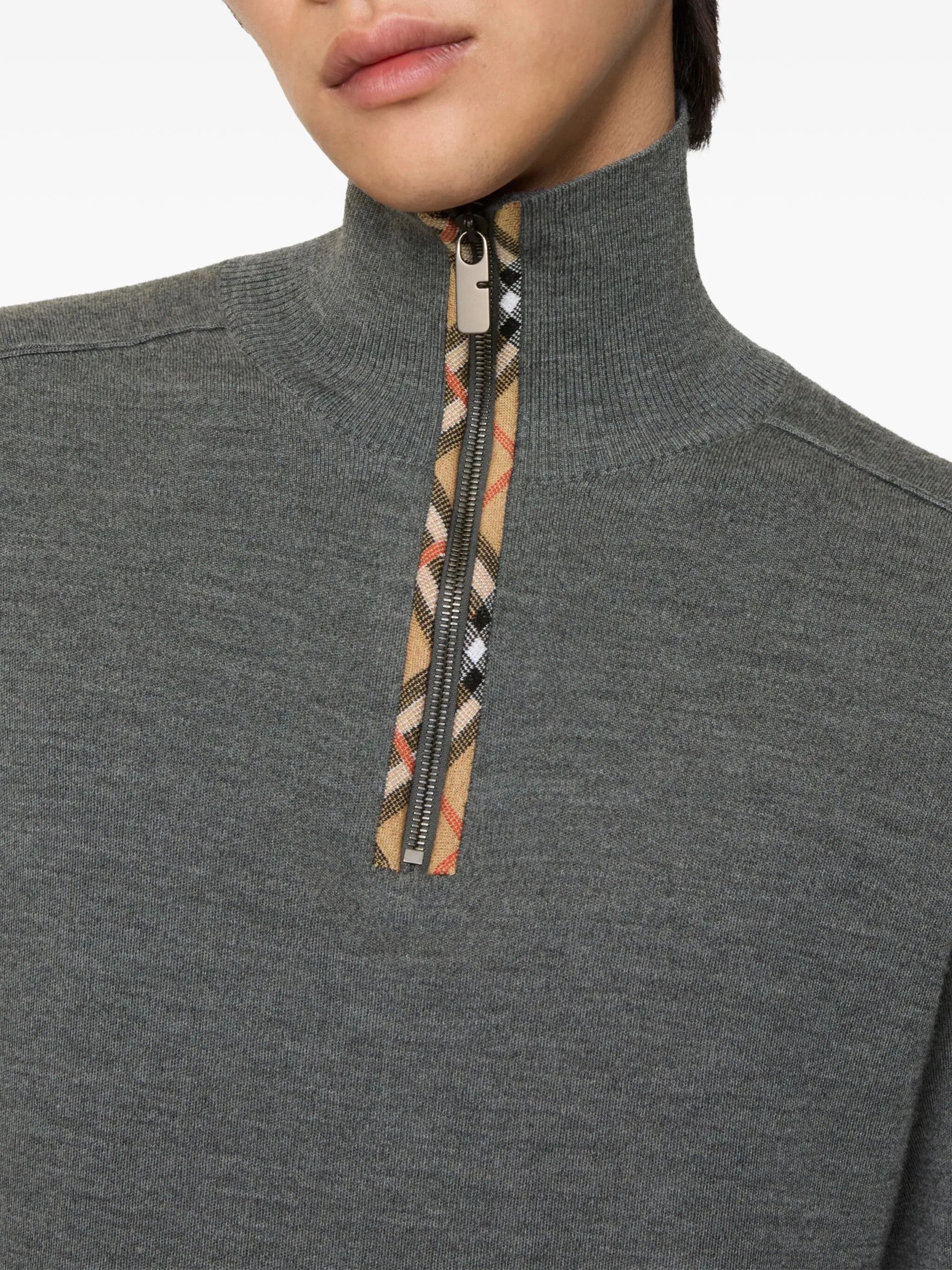 Check-trim half-zip sweater