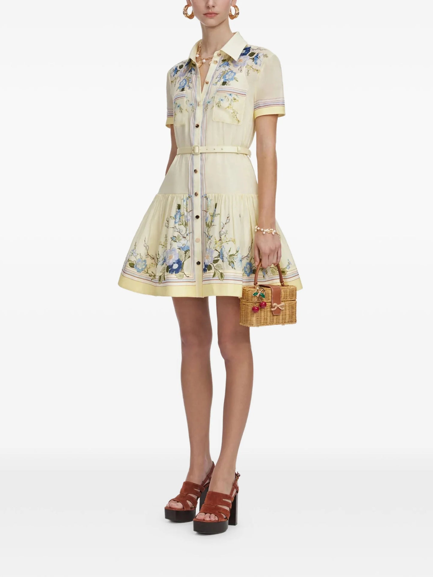 floral-print belted shirt dress