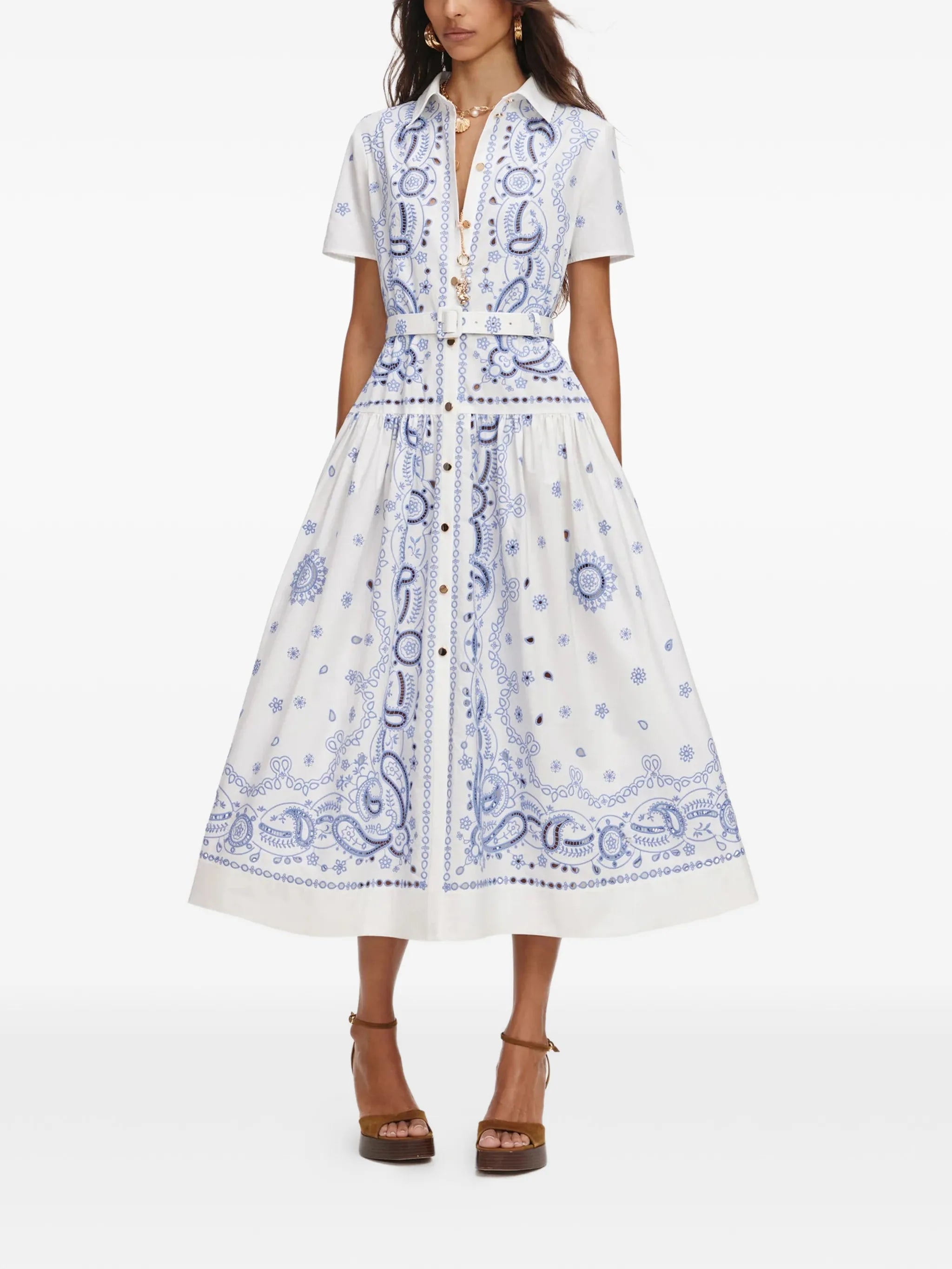 paisley-print belted shirt dress