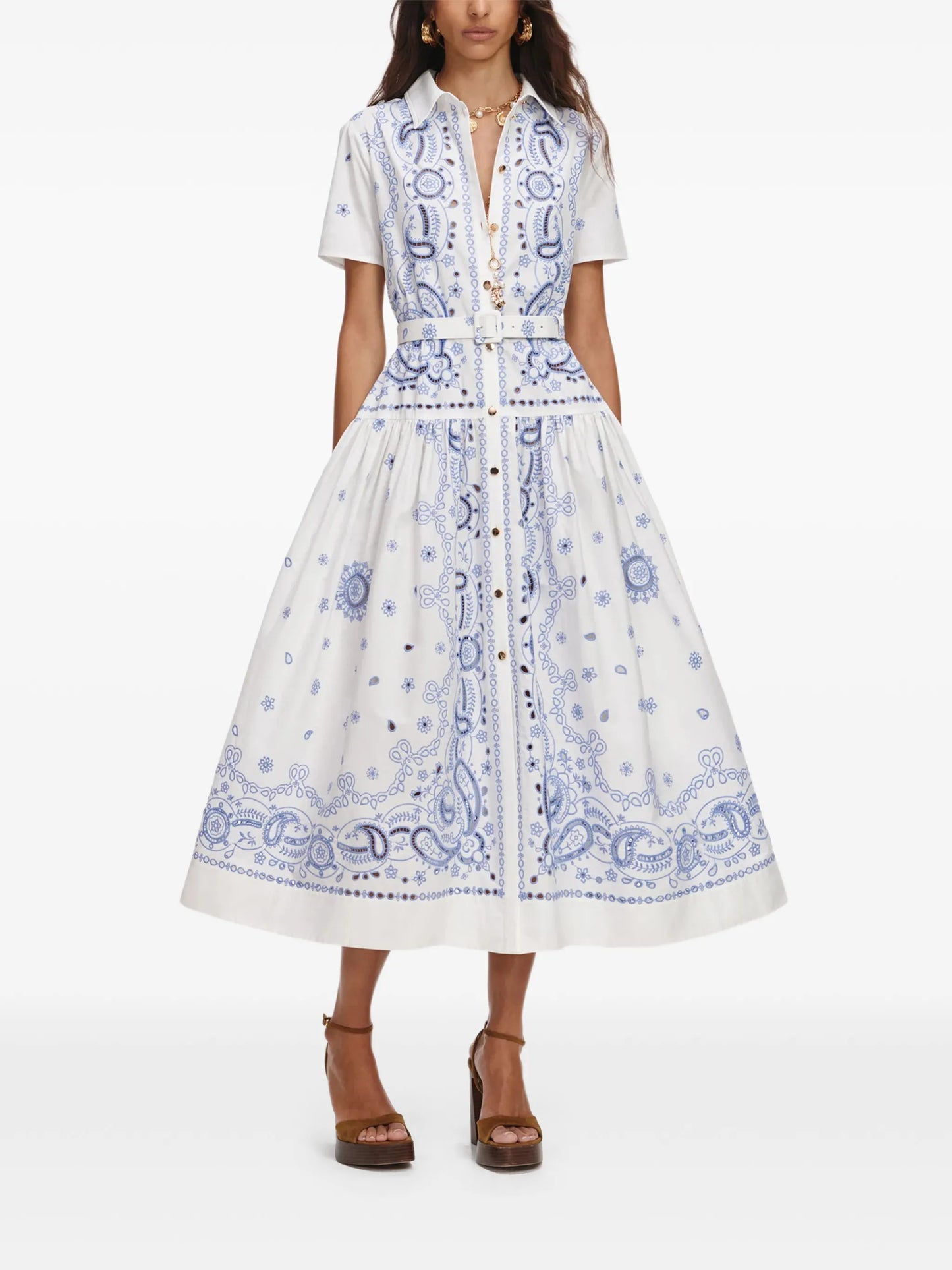 paisley-print belted shirt dress