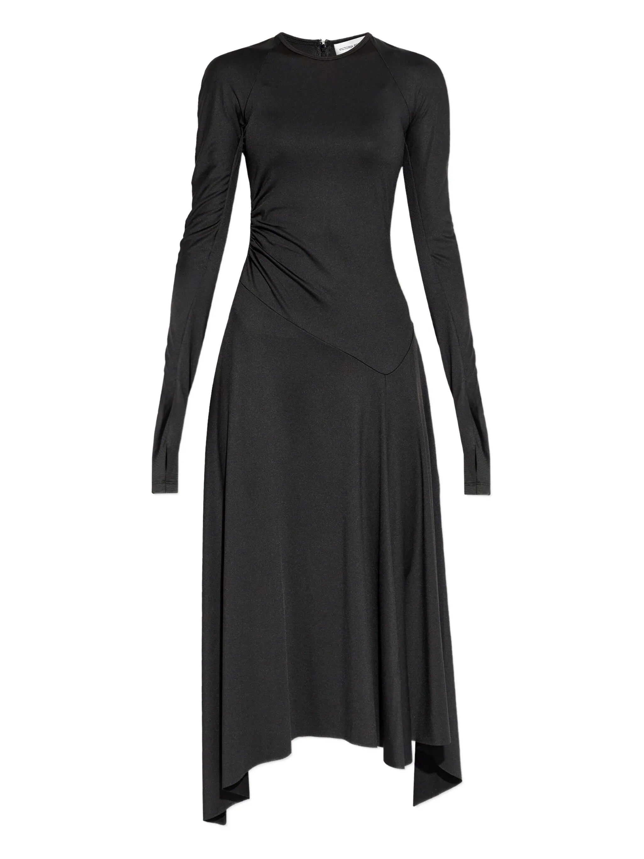 asymmetric-hem long-sleeved midi dress