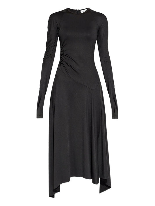 asymmetric-hem long-sleeved midi dress