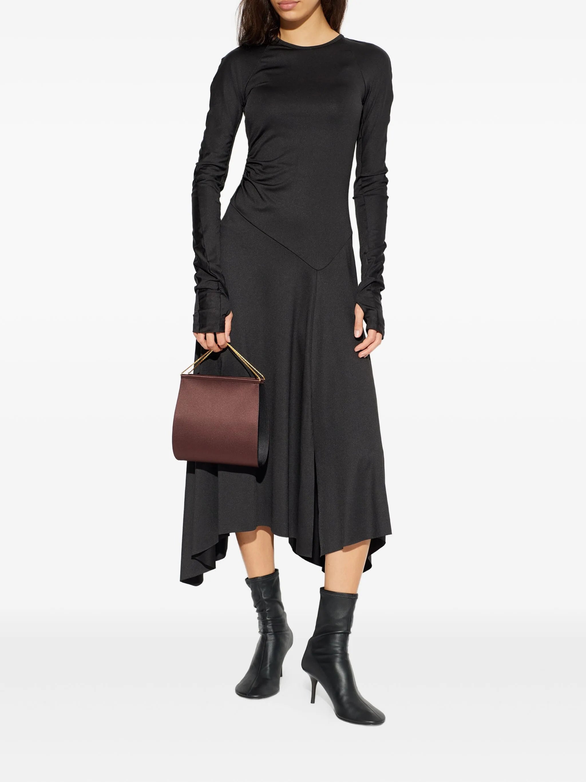 asymmetric-hem long-sleeved midi dress